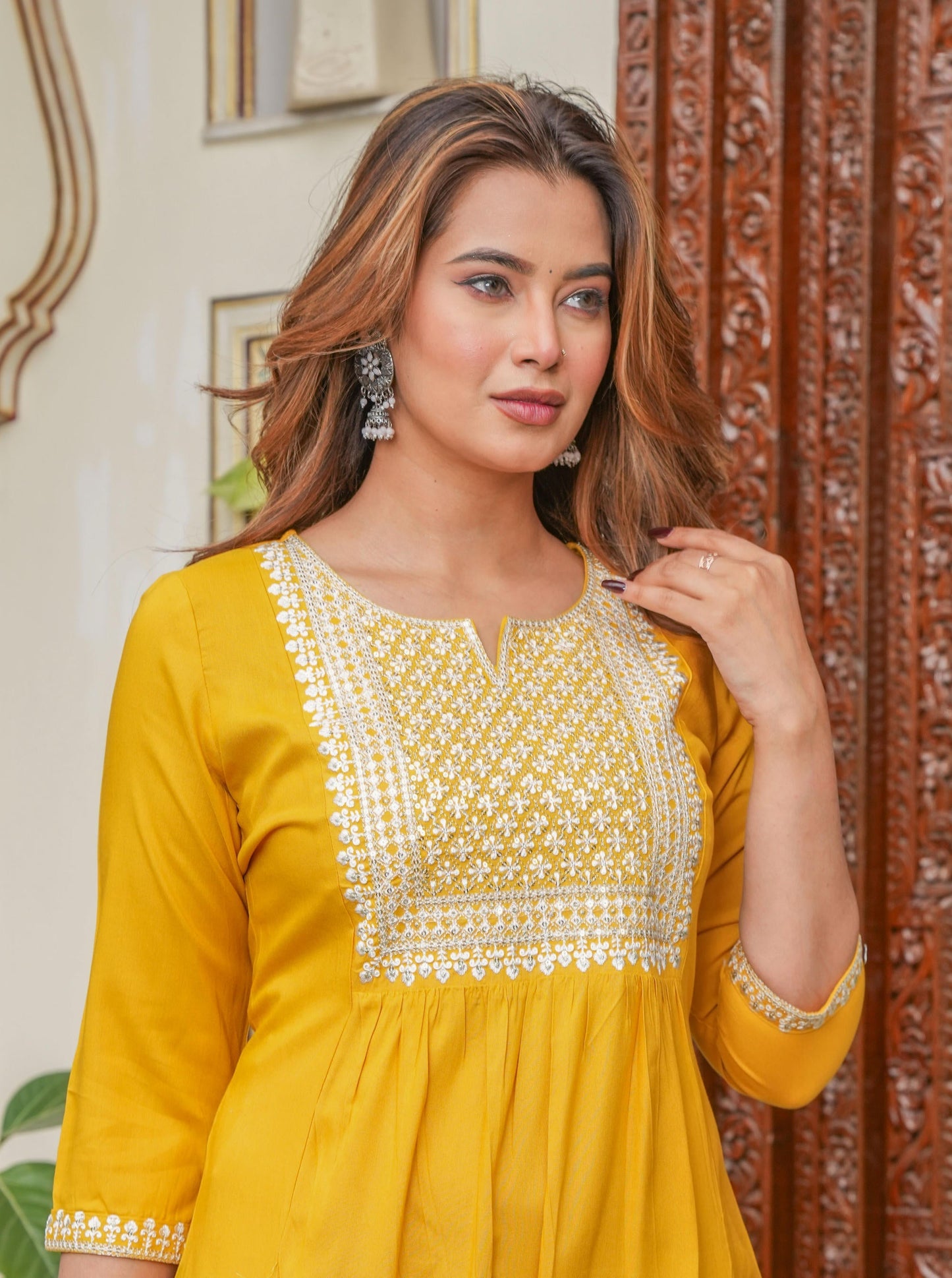 Juniper Mustard Viscose Embroidered Kurta With Thread Work And Sequins - Swadesiicart