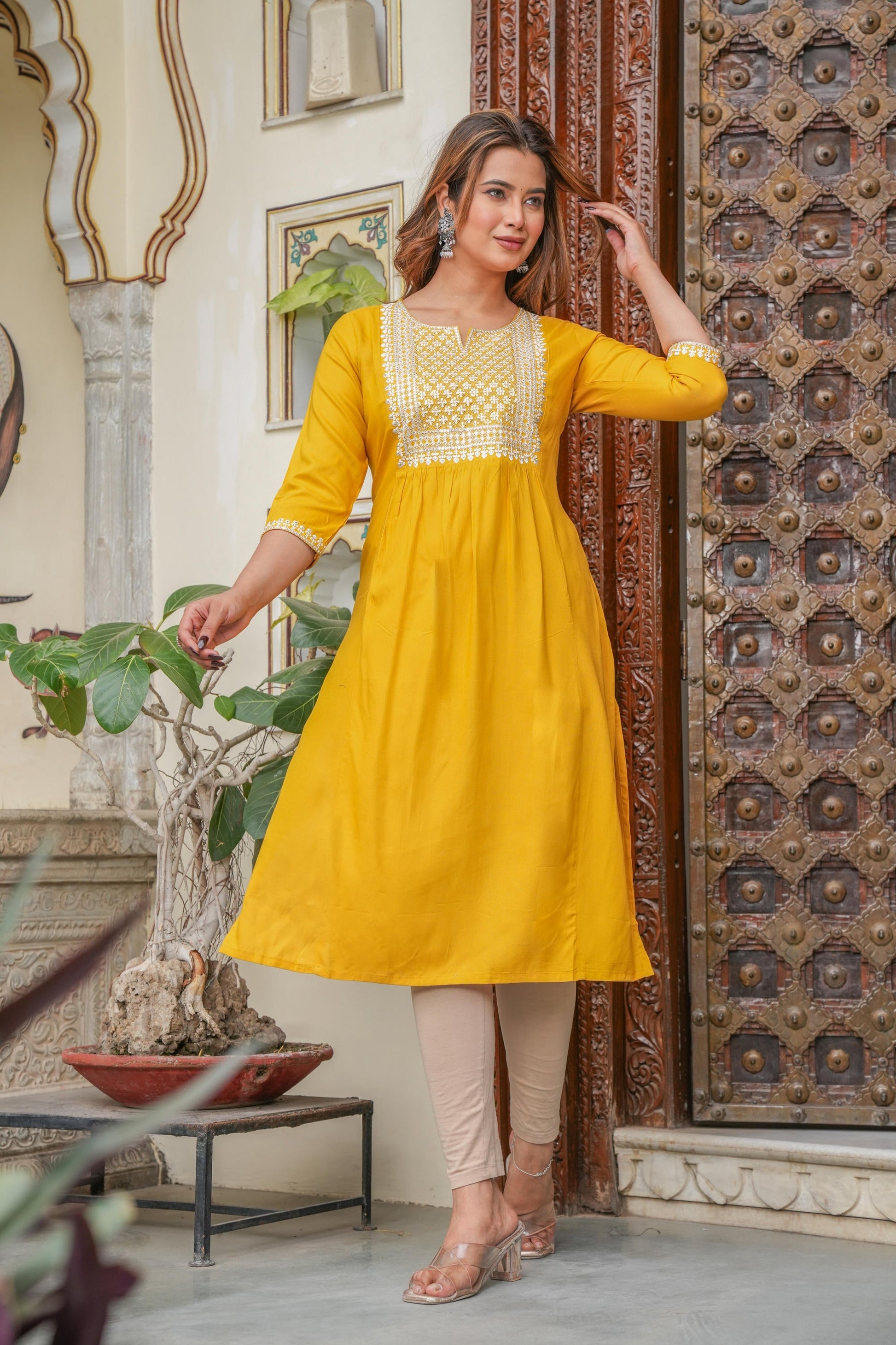 Juniper Mustard Viscose Embroidered Kurta With Thread Work And Sequins - Swadesiicart