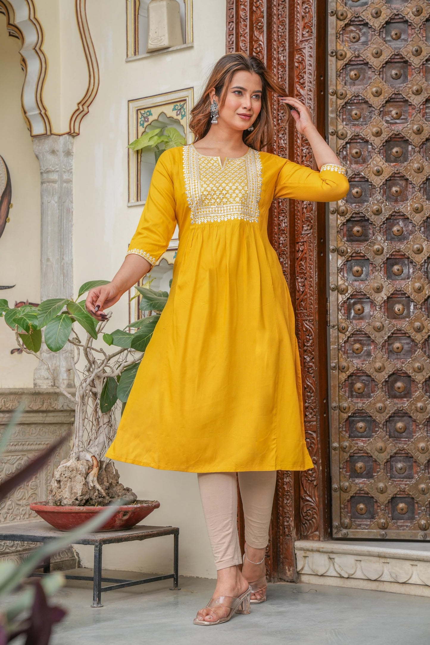 Juniper Mustard Viscose Embroidered Kurta With Thread Work And Sequins - Swadesiicart