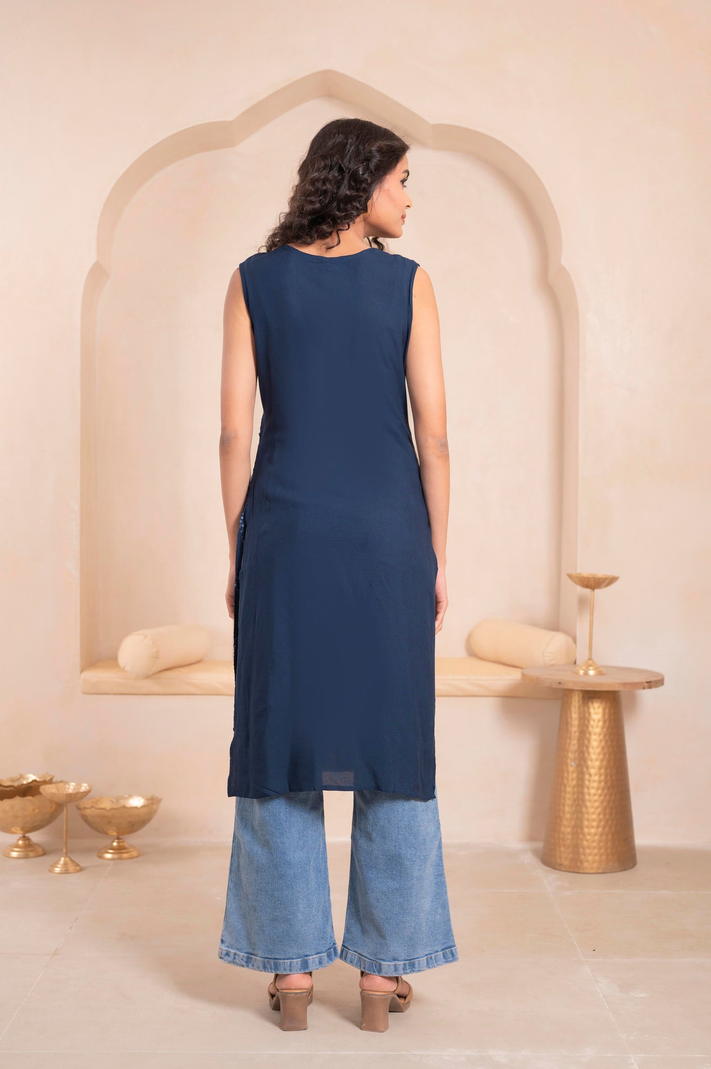 Juniper Navy Geometric Embroidered Viscose Kurta With Mirror Work And Tassels - Swadesiicart