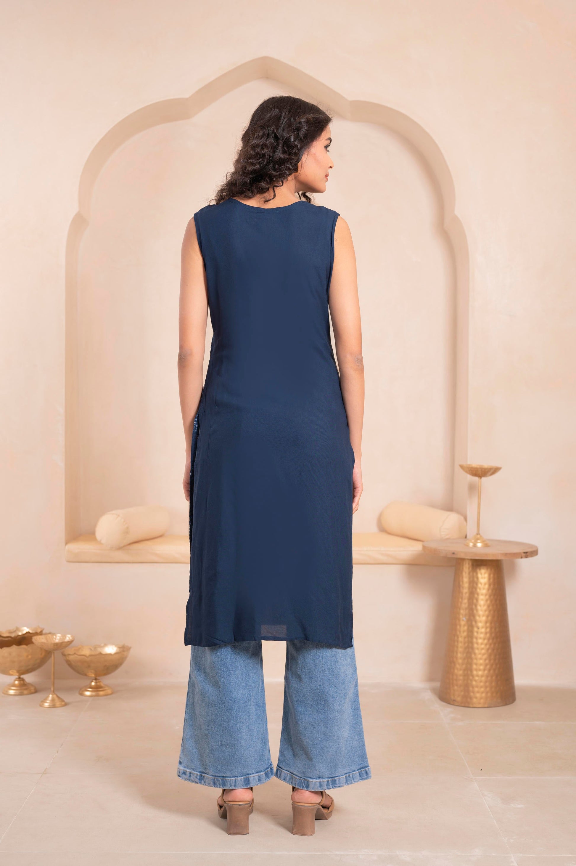 Juniper Navy Geometric Embroidered Viscose Kurta With Mirror Work And Tassels - Swadesiicart