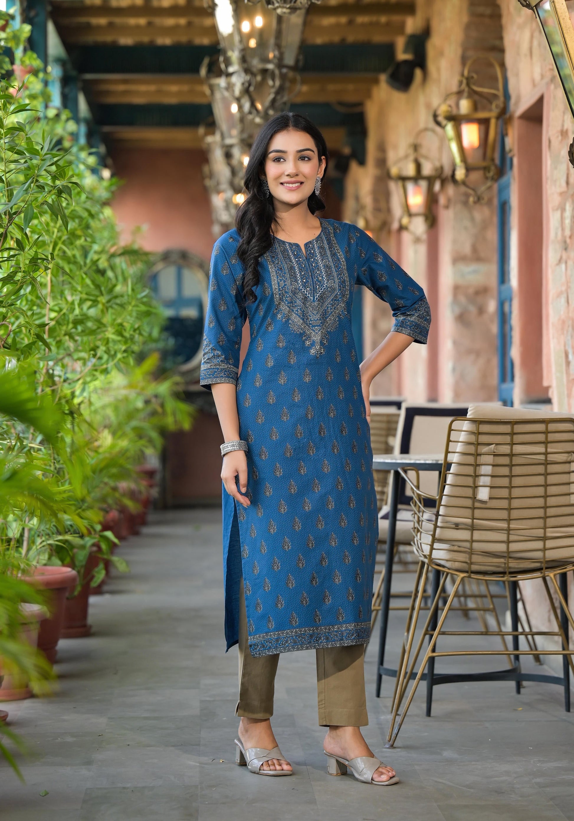 Juniper Blue Ethnic Motif Printed Cotton Kurta - Swadesiicart
