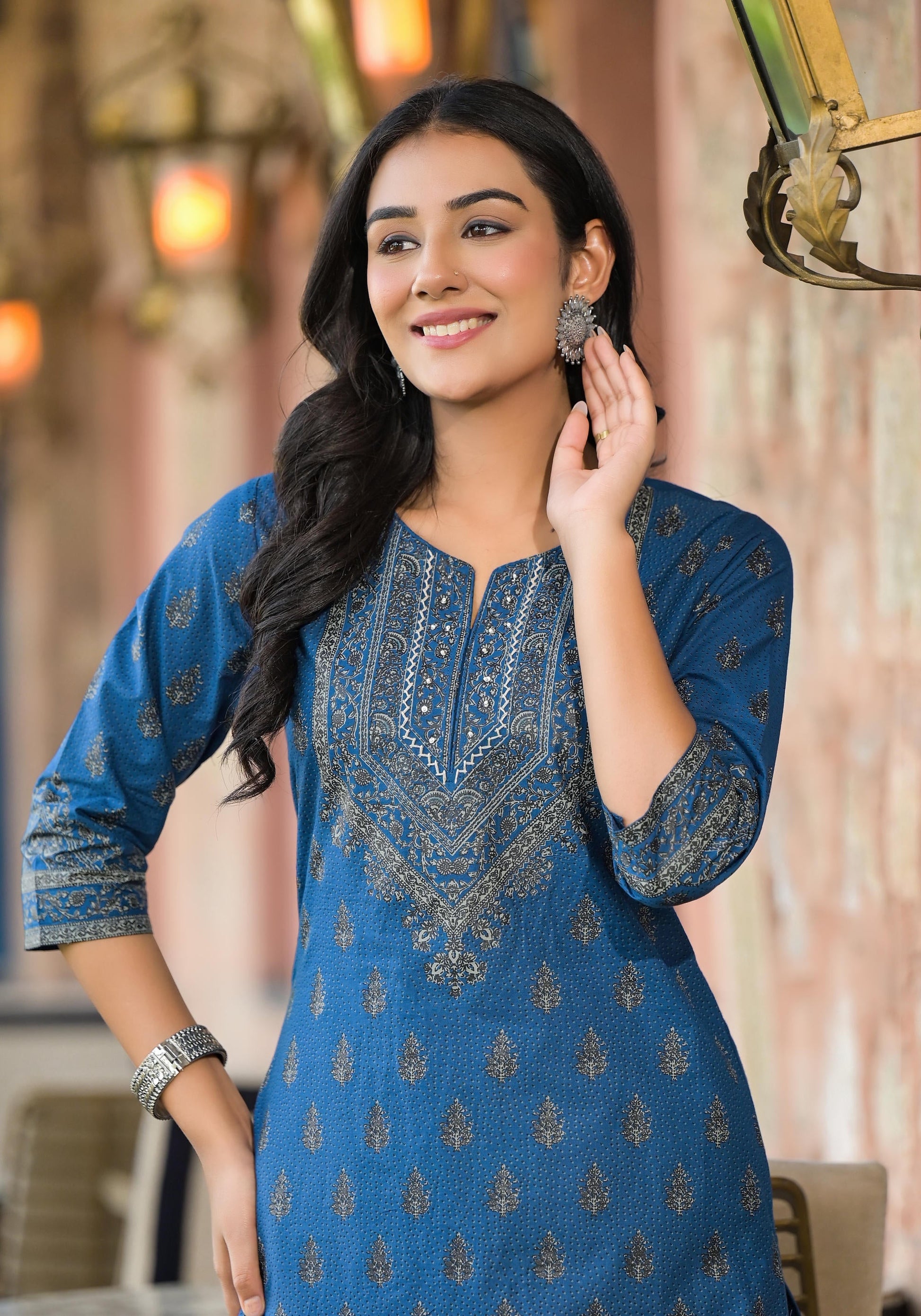 Juniper Blue Ethnic Motif Printed Cotton Kurta - Swadesiicart