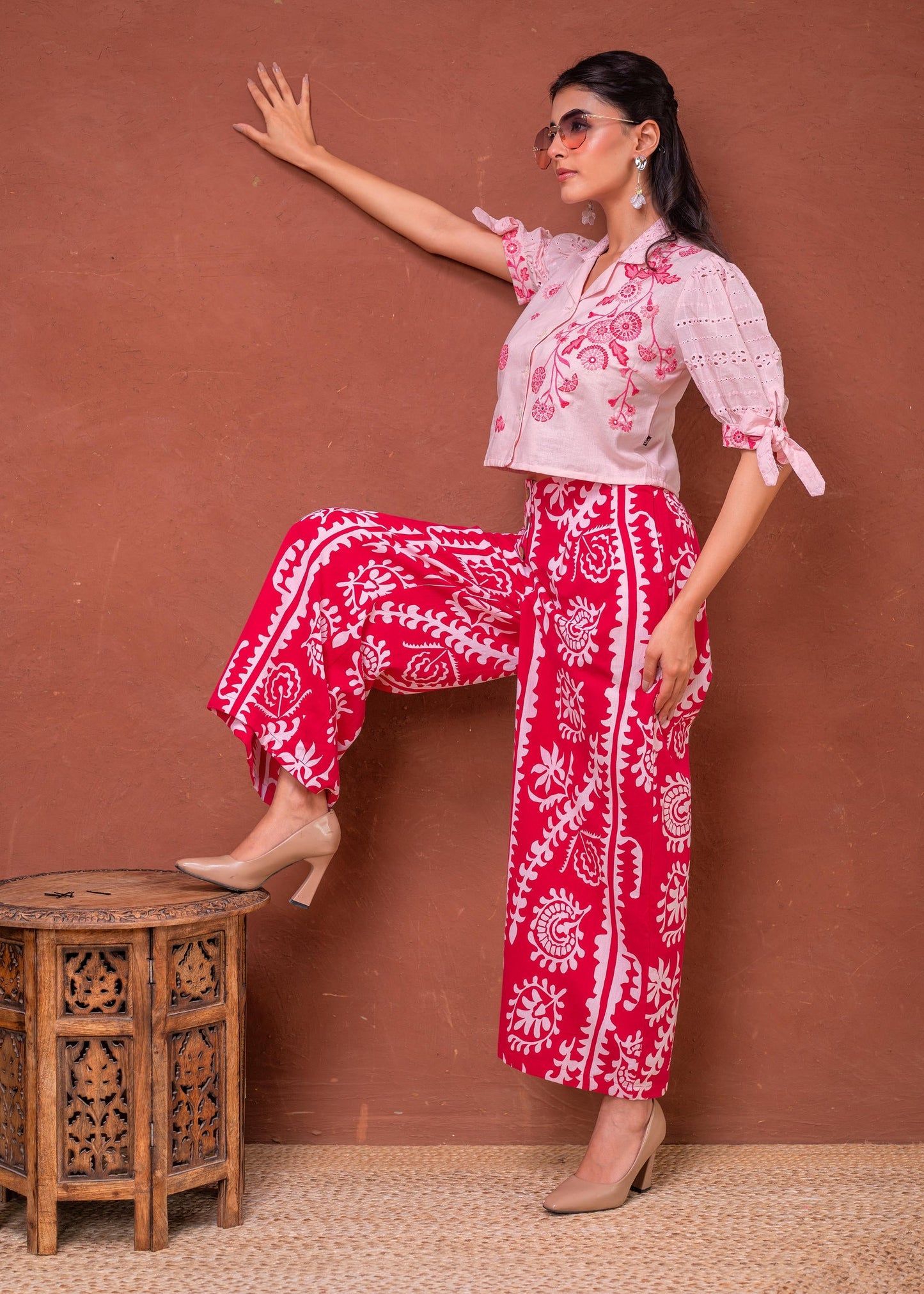 Juniper Embroidered Co-Ord Set With Eyelet Shirt And Printed Wide-Leg Pants - Swadesiicart