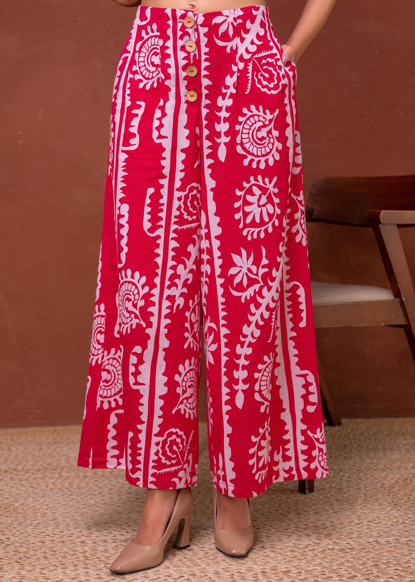Juniper Embroidered Co-Ord Set With Eyelet Shirt And Printed Wide-Leg Pants - Swadesiicart