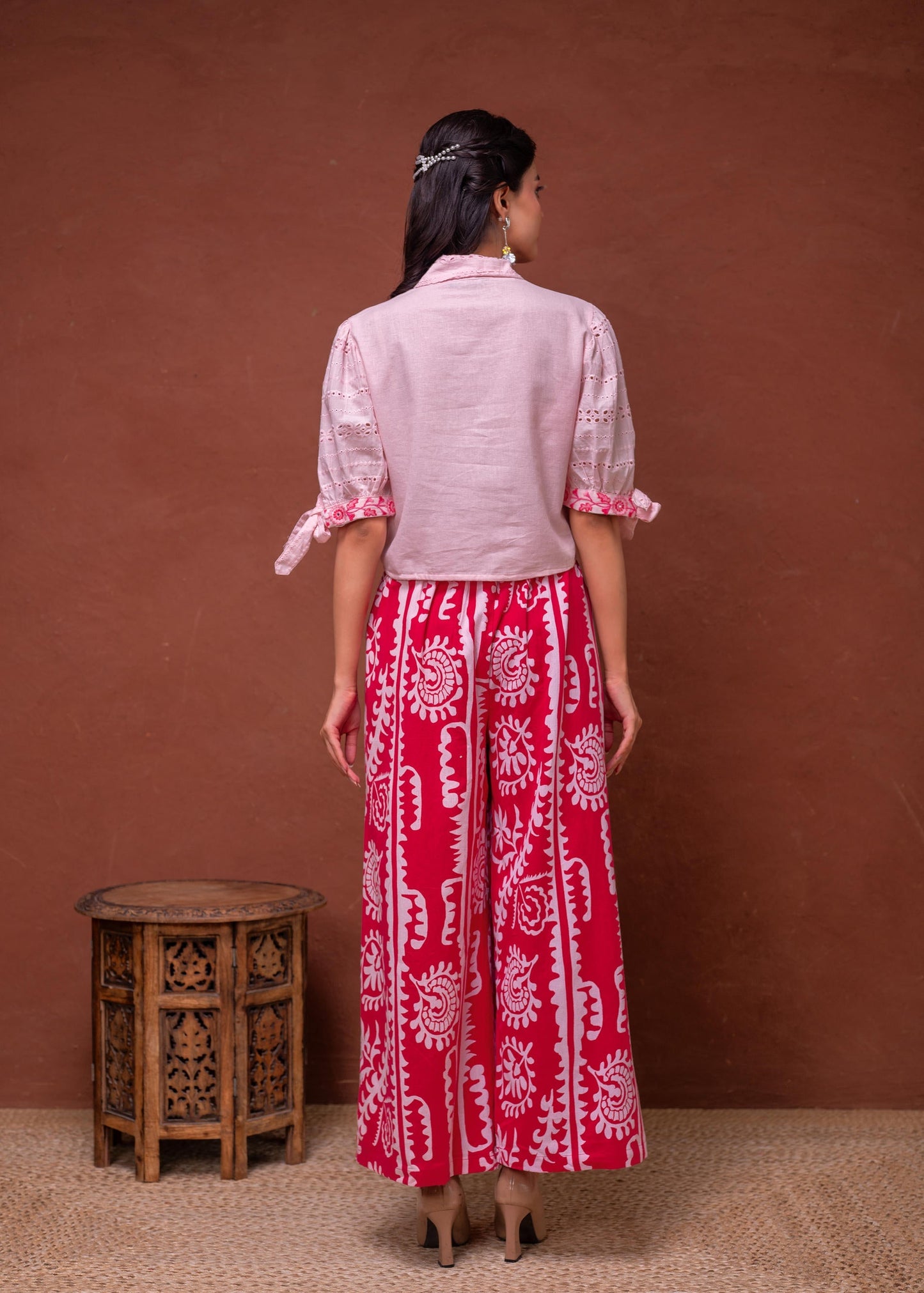 Juniper Embroidered Co-Ord Set With Eyelet Shirt And Printed Wide-Leg Pants - Swadesiicart