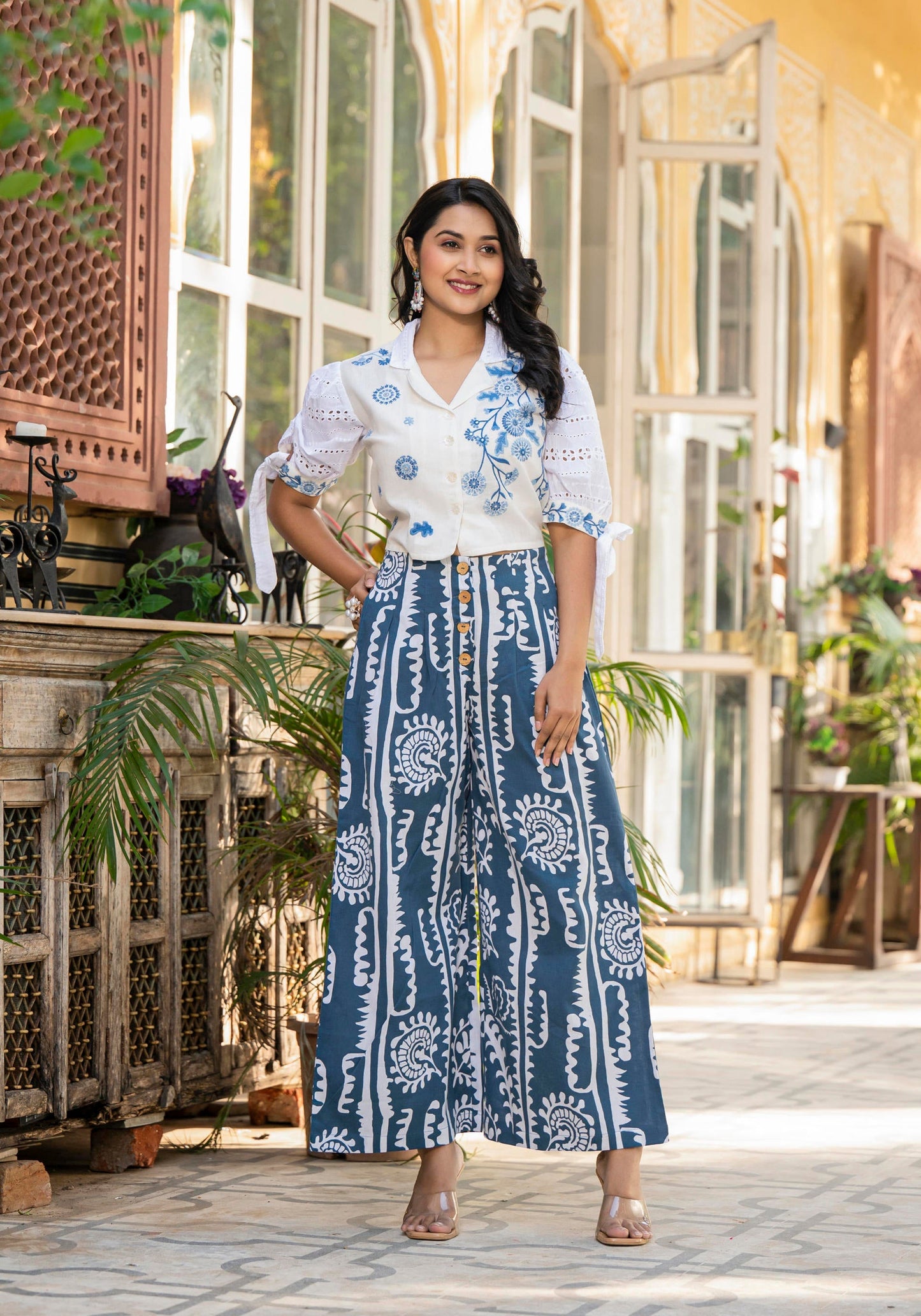Juniper Embroidered Co-ord Set with Eyelet Shirt and Printed Wide-Leg Pants - Swadesiicart