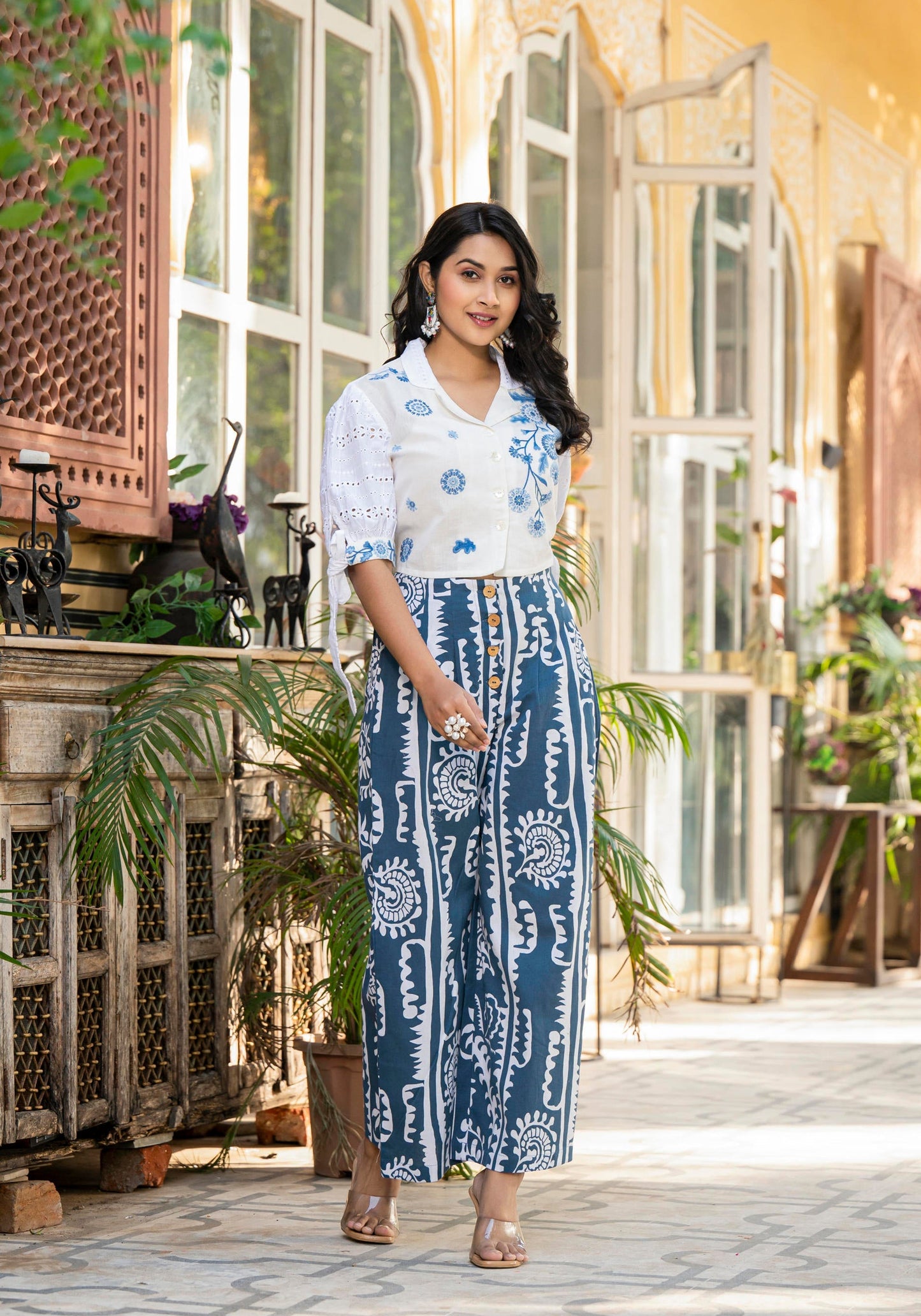 Juniper Embroidered Co-ord Set with Eyelet Shirt and Printed Wide-Leg Pants - Swadesiicart