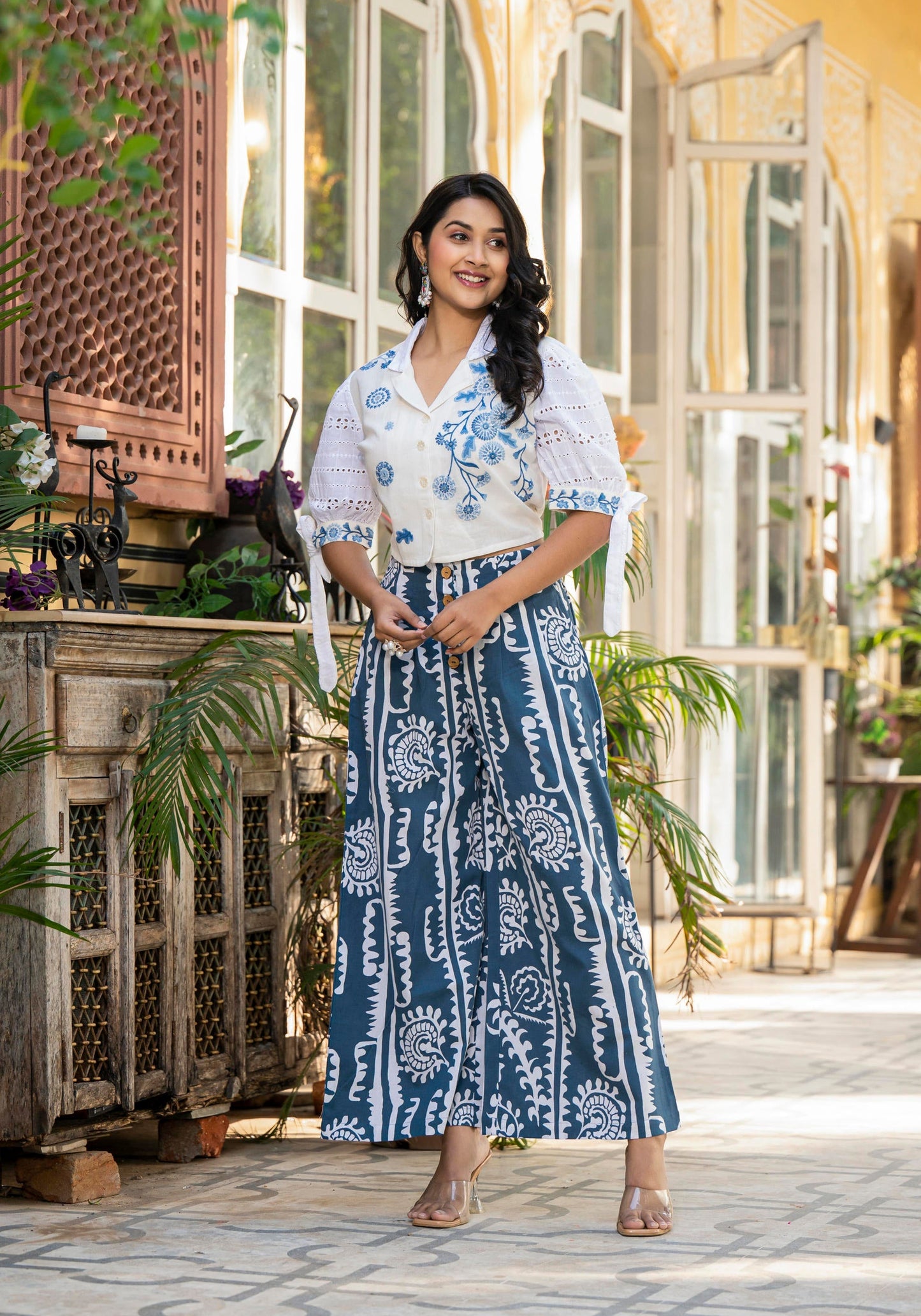 Juniper Embroidered Co-Ord Set With Eyelet Shirt And Printed Wide-Leg Pants - Swadesiicart
