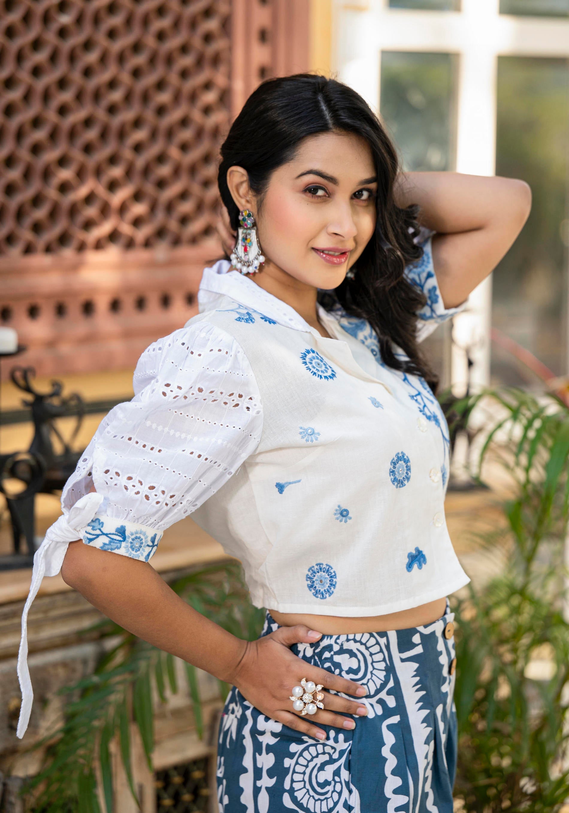 Juniper Embroidered Co-Ord Set With Eyelet Shirt And Printed Wide-Leg Pants - Swadesiicart