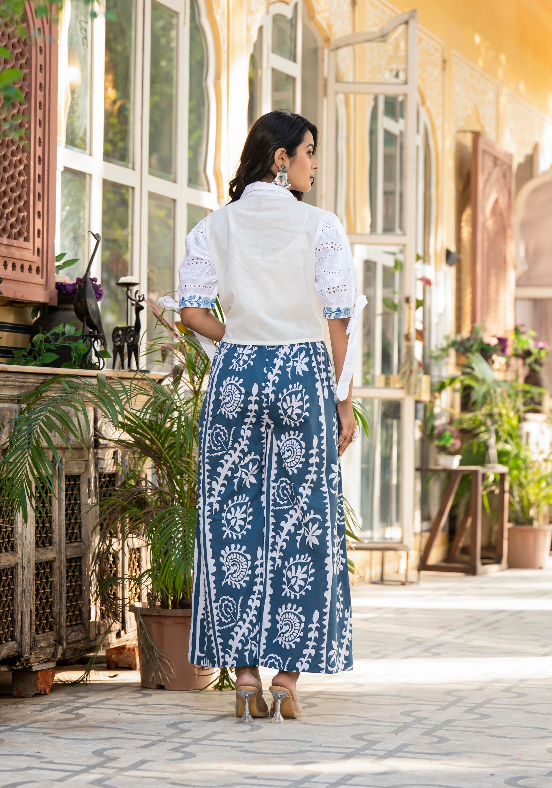 Juniper Embroidered Co-ord Set with Eyelet Shirt and Printed Wide-Leg Pants - Swadesiicart