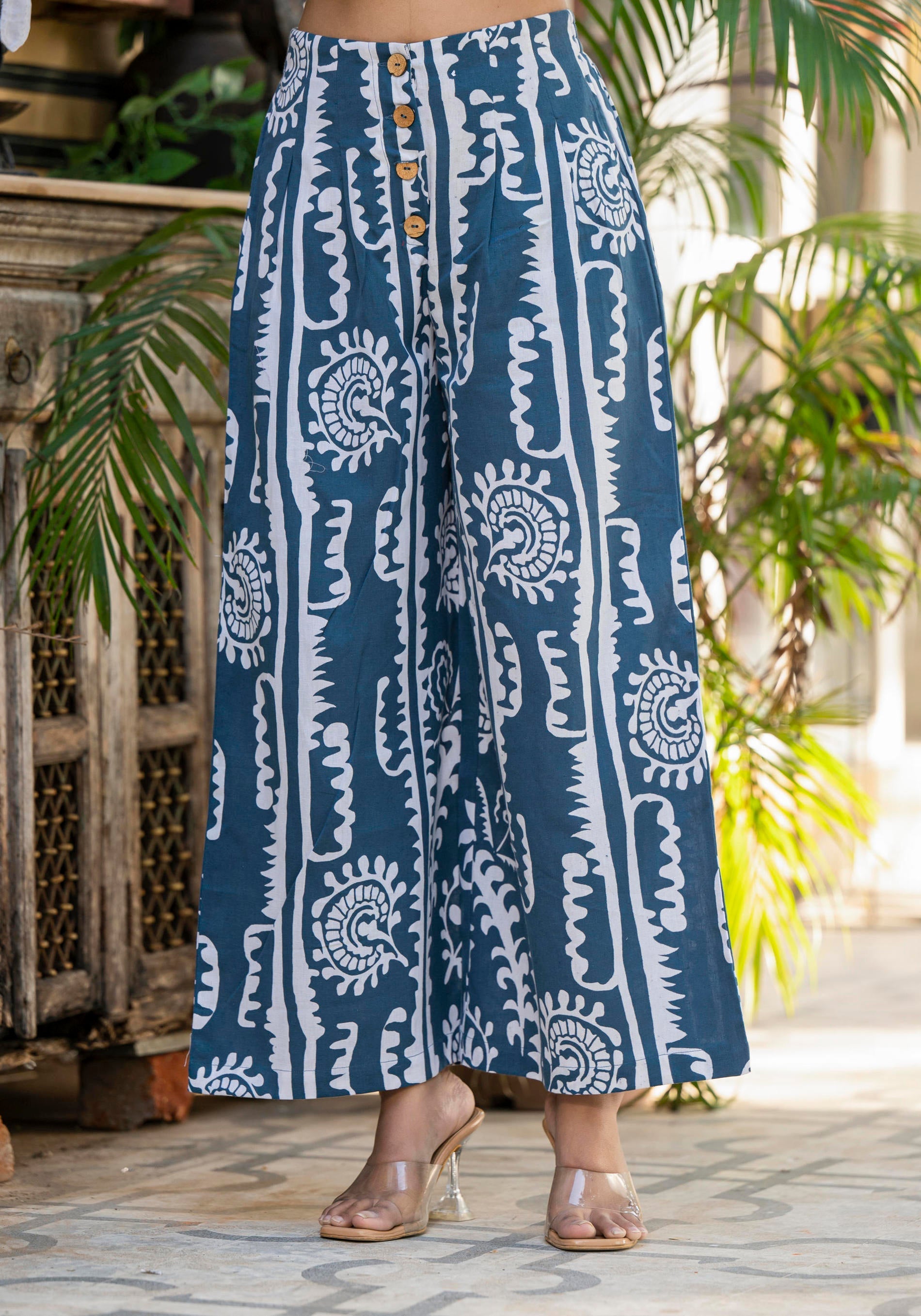 Juniper Embroidered Co-ord Set with Eyelet Shirt and Printed Wide-Leg Pants - Swadesiicart