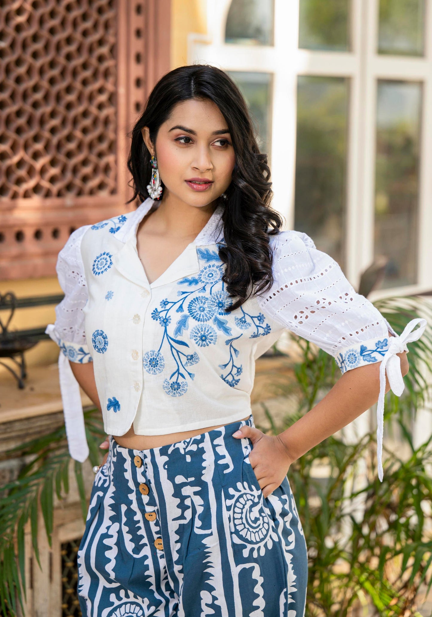 Juniper Embroidered Co-ord Set with Eyelet Shirt and Printed Wide-Leg Pants - Swadesiicart