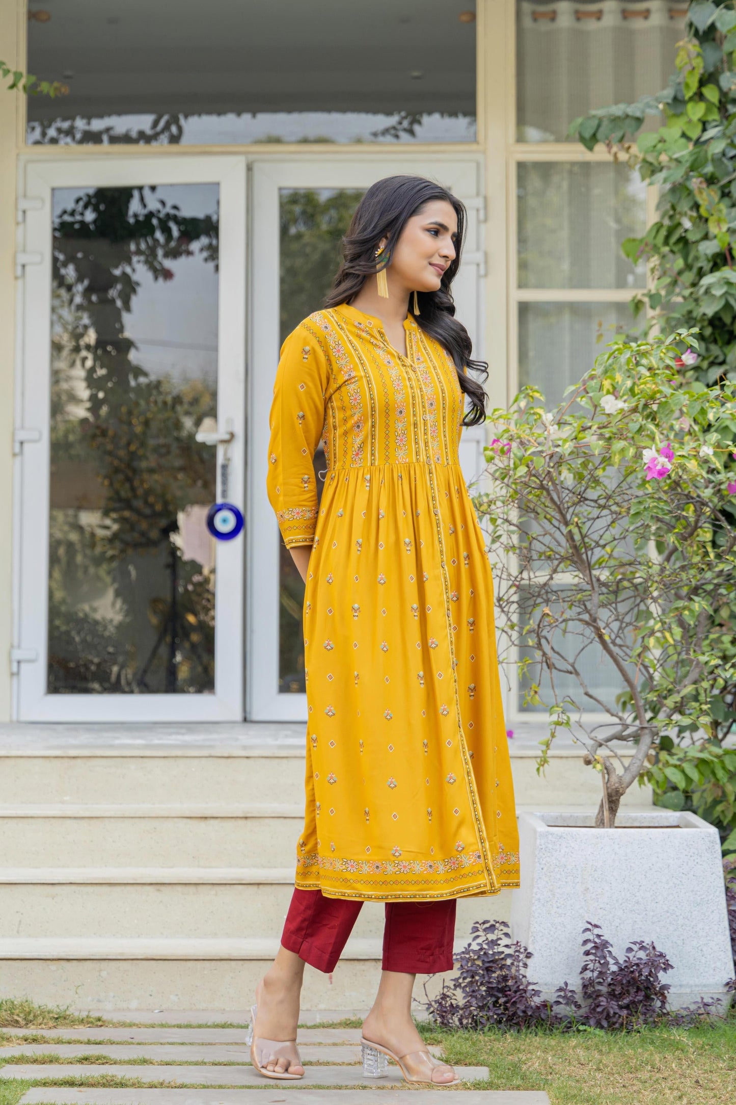 Juniper Mustard Floral Printed Cotton Kurta With Thread Work & Lace - Swadesiicart