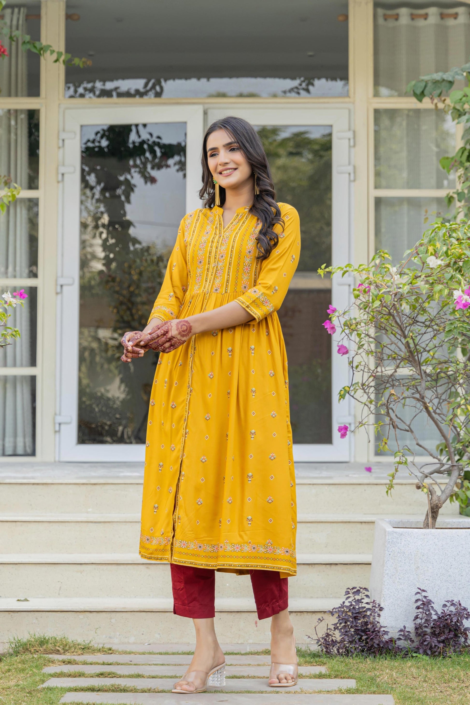 Juniper Women's Mustard Floral Printed Cotton Kurta With Thread Work & Lace - Swadesiicart