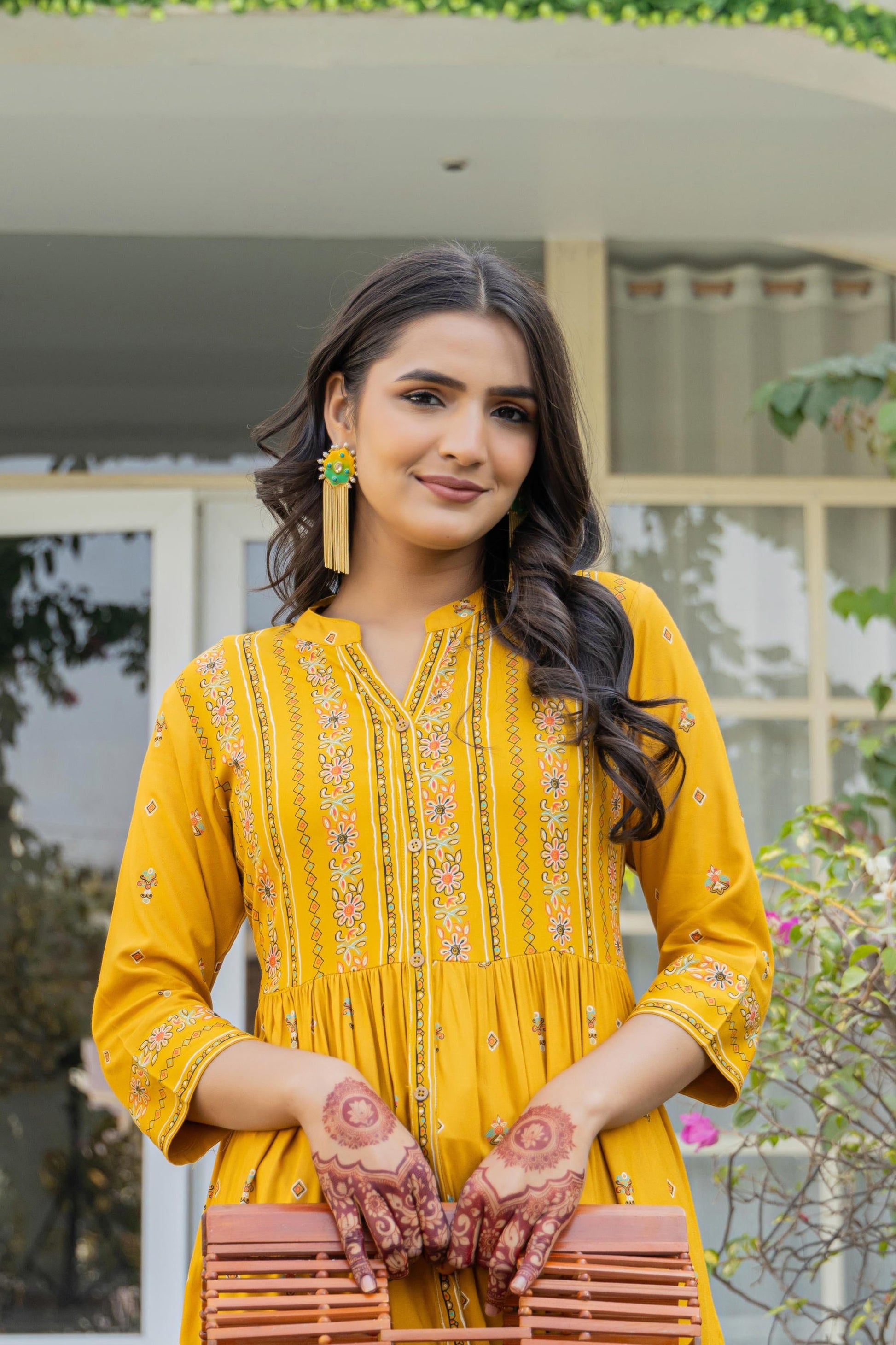 Juniper Mustard Floral Printed Cotton Kurta With Thread Work & Lace - Swadesiicart