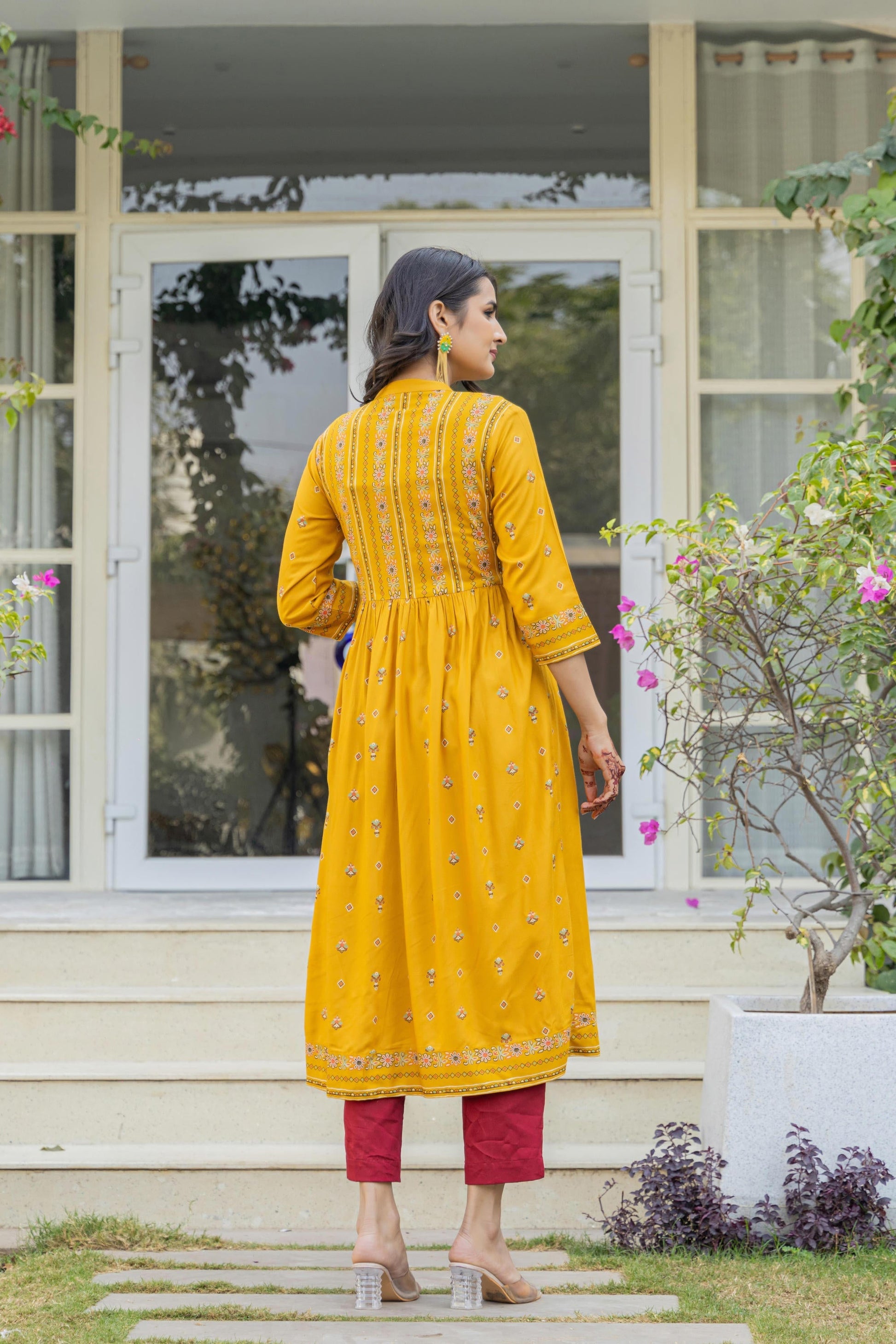 Juniper Mustard Floral Printed Cotton Kurta With Thread Work & Lace - Swadesiicart
