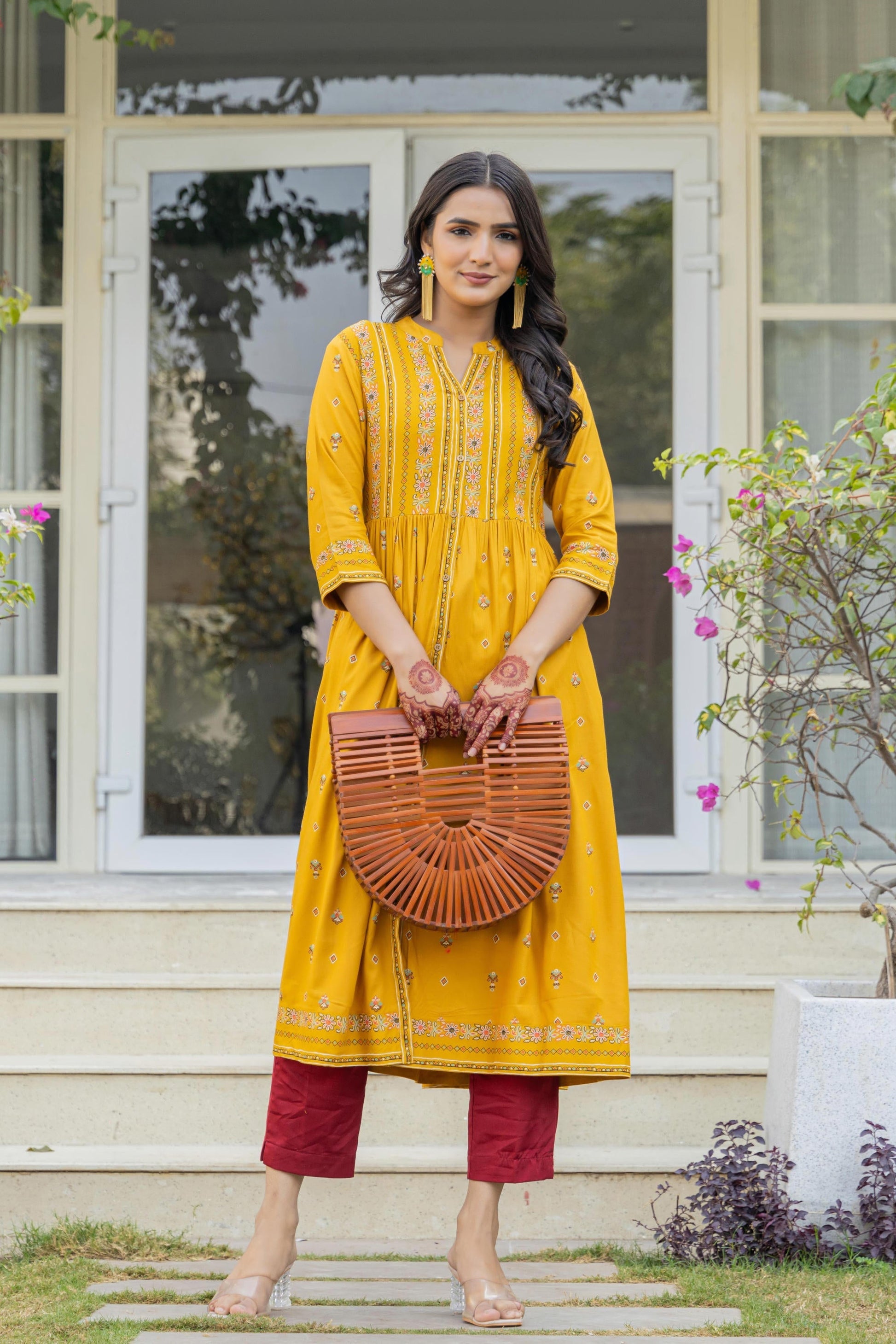 Juniper Women's Mustard Floral Printed Cotton Kurta With Thread Work & Lace - Swadesiicart