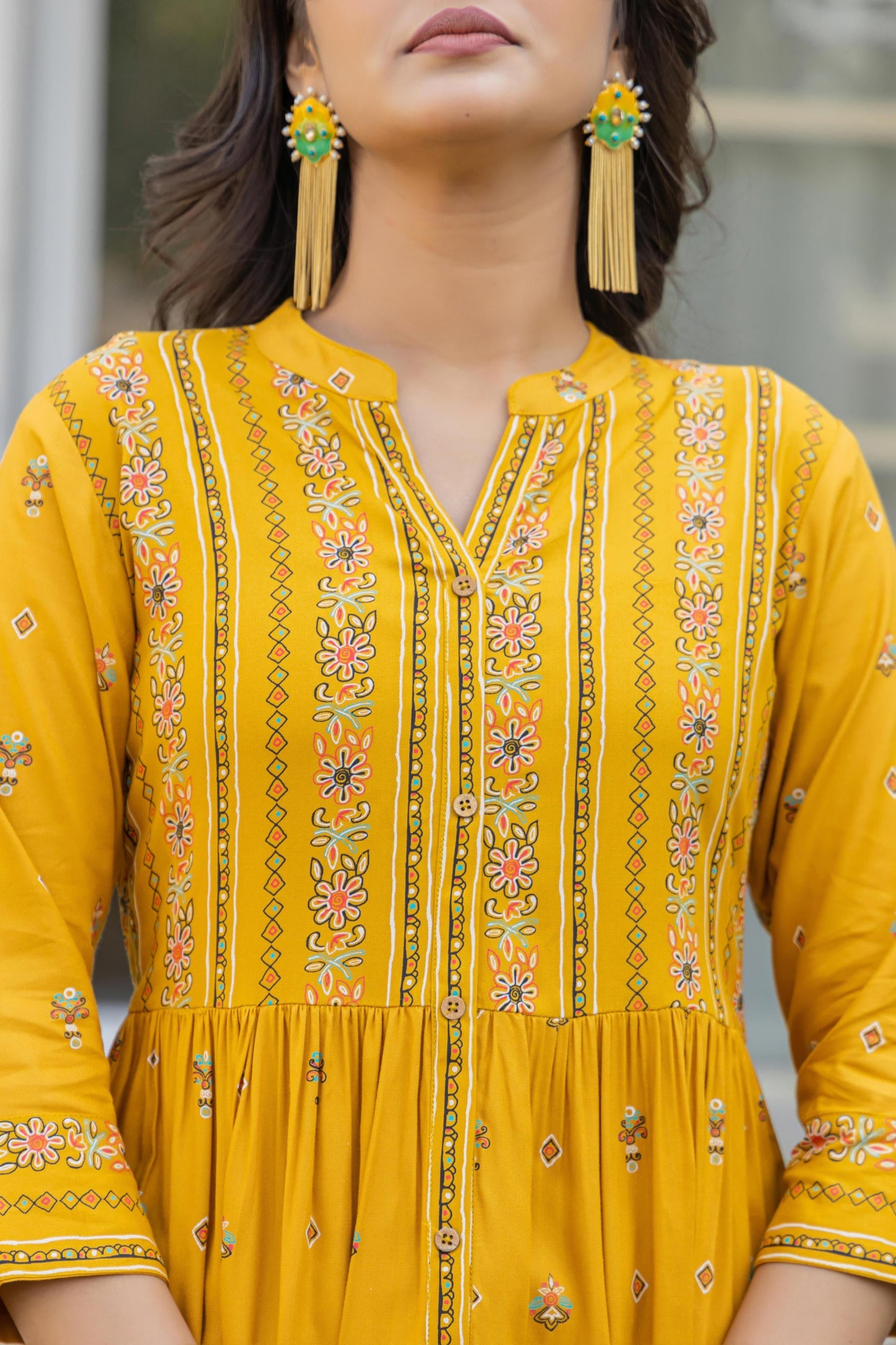 Juniper Women's Mustard Floral Printed Cotton Kurta With Thread Work & Lace - Swadesiicart
