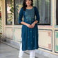 Juniper Blue Viscose Geometric Printed Kurta with Ethnic Motifs & Thread Work - Swadesiicart