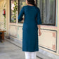 Juniper Blue Viscose Geometric Printed Kurta with Ethnic Motifs & Thread Work - Swadesiicart