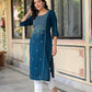 Juniper Blue Viscose Geometric Printed Kurta with Ethnic Motifs & Thread Work - Swadesiicart