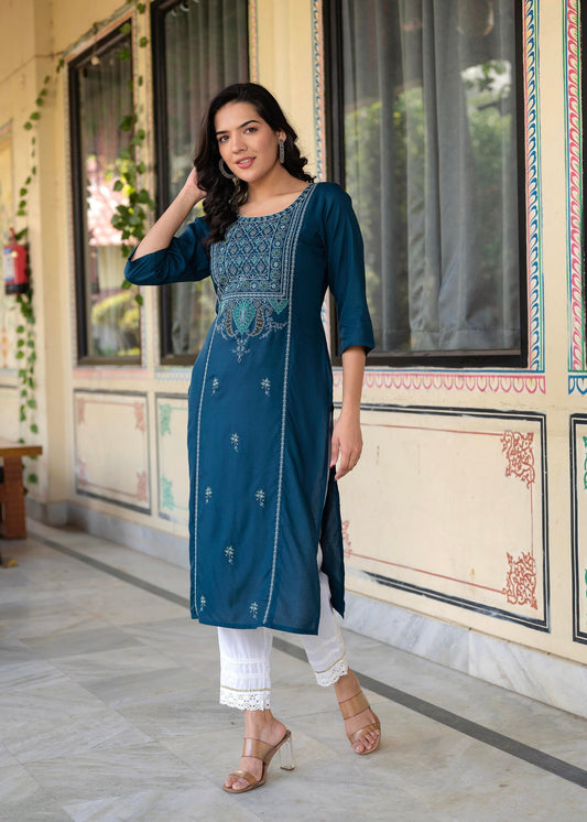 Juniper Blue Viscose Geometric Printed Kurta with Ethnic Motifs & Thread Work - Swadesiicart