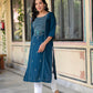 Juniper Blue Viscose Geometric Printed Kurta with Ethnic Motifs & Thread Work - Swadesiicart