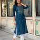 Juniper Blue Viscose Geometric Printed Kurta with Ethnic Motifs & Thread Work - Swadesiicart