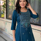 Juniper Blue Viscose Geometric Printed Kurta with Ethnic Motifs & Thread Work - Swadesiicart