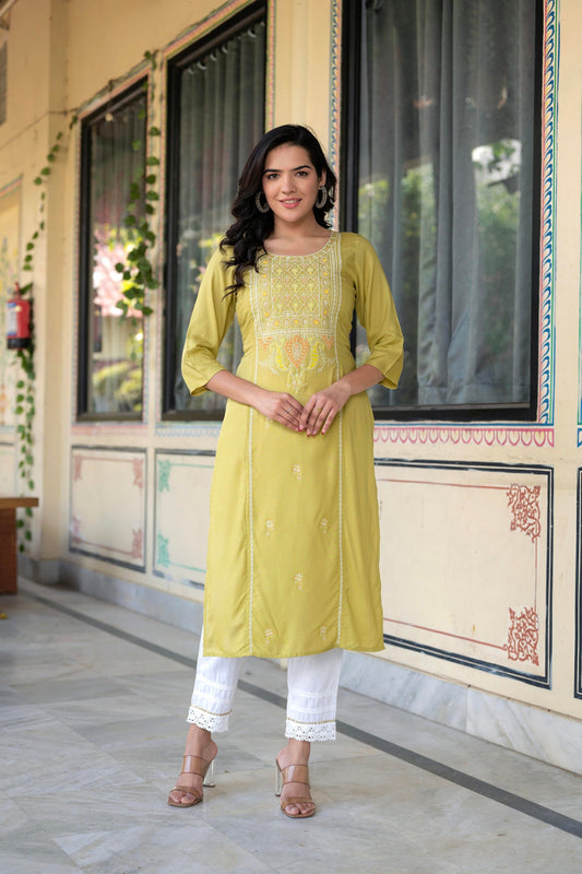 Juniper Lime Viscose Geometric Printed Kurta - Swadesiicart