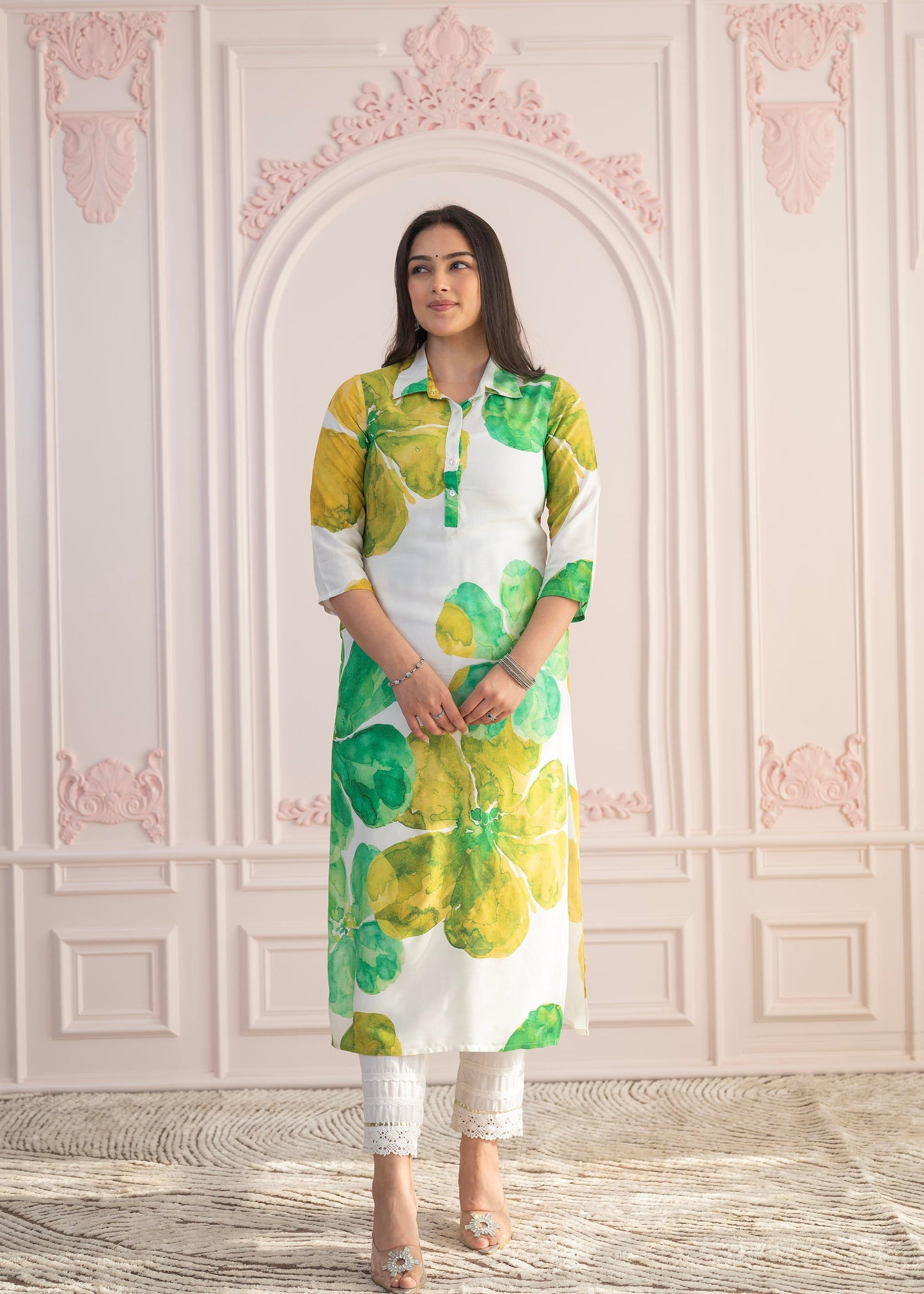 Juniper Green Floral Printed Viscose Kurta With Button Closure - Swadesiicart