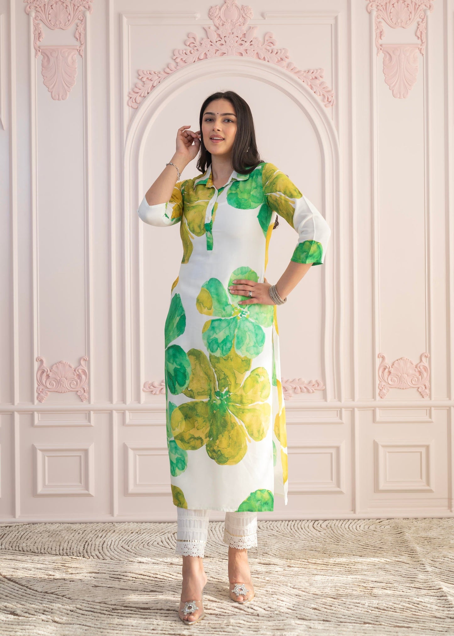 Juniper Green Floral Printed Viscose Kurta with Button Closure - Swadesiicart