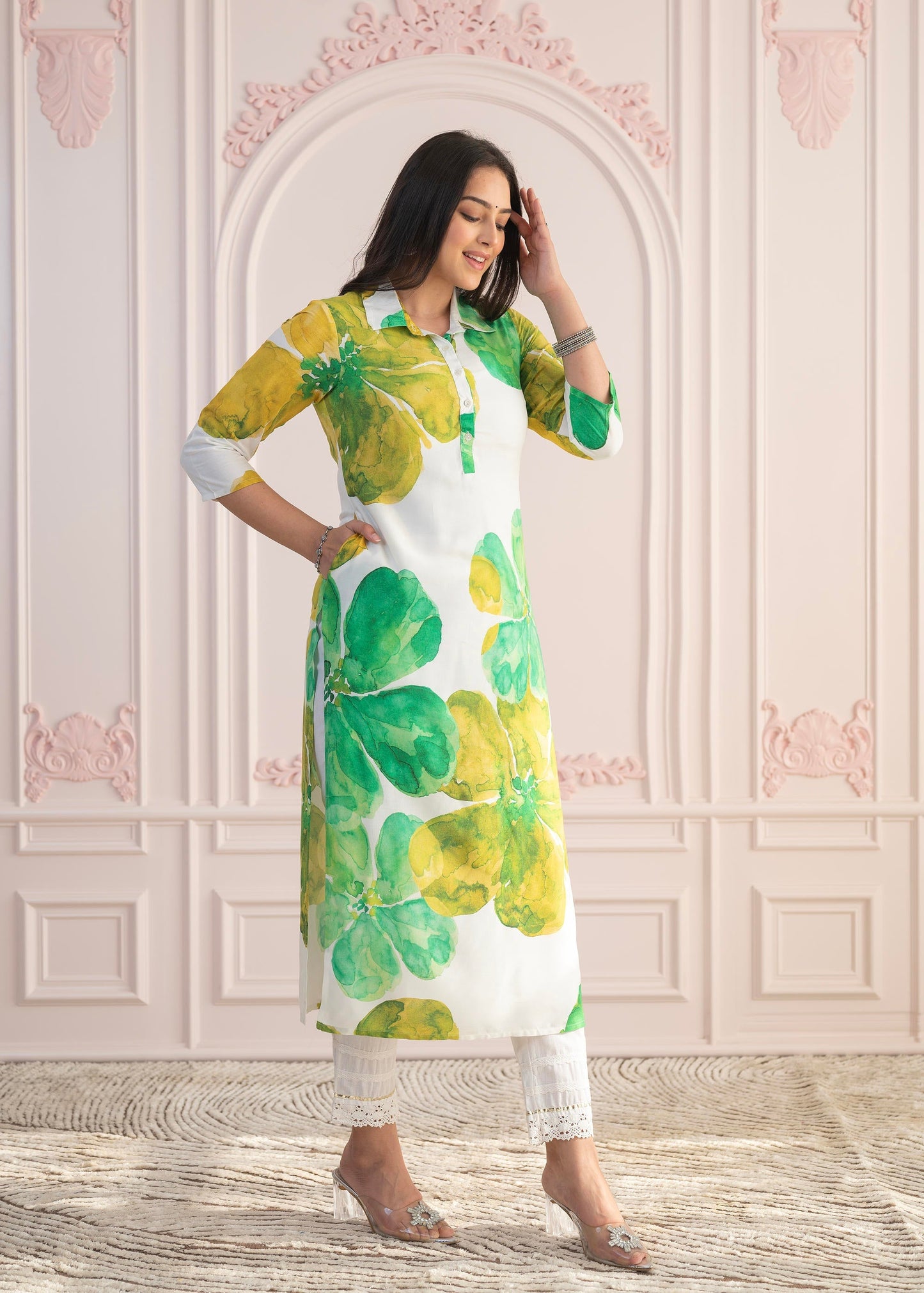 Juniper Green Floral Printed Viscose Kurta with Button Closure - Swadesiicart