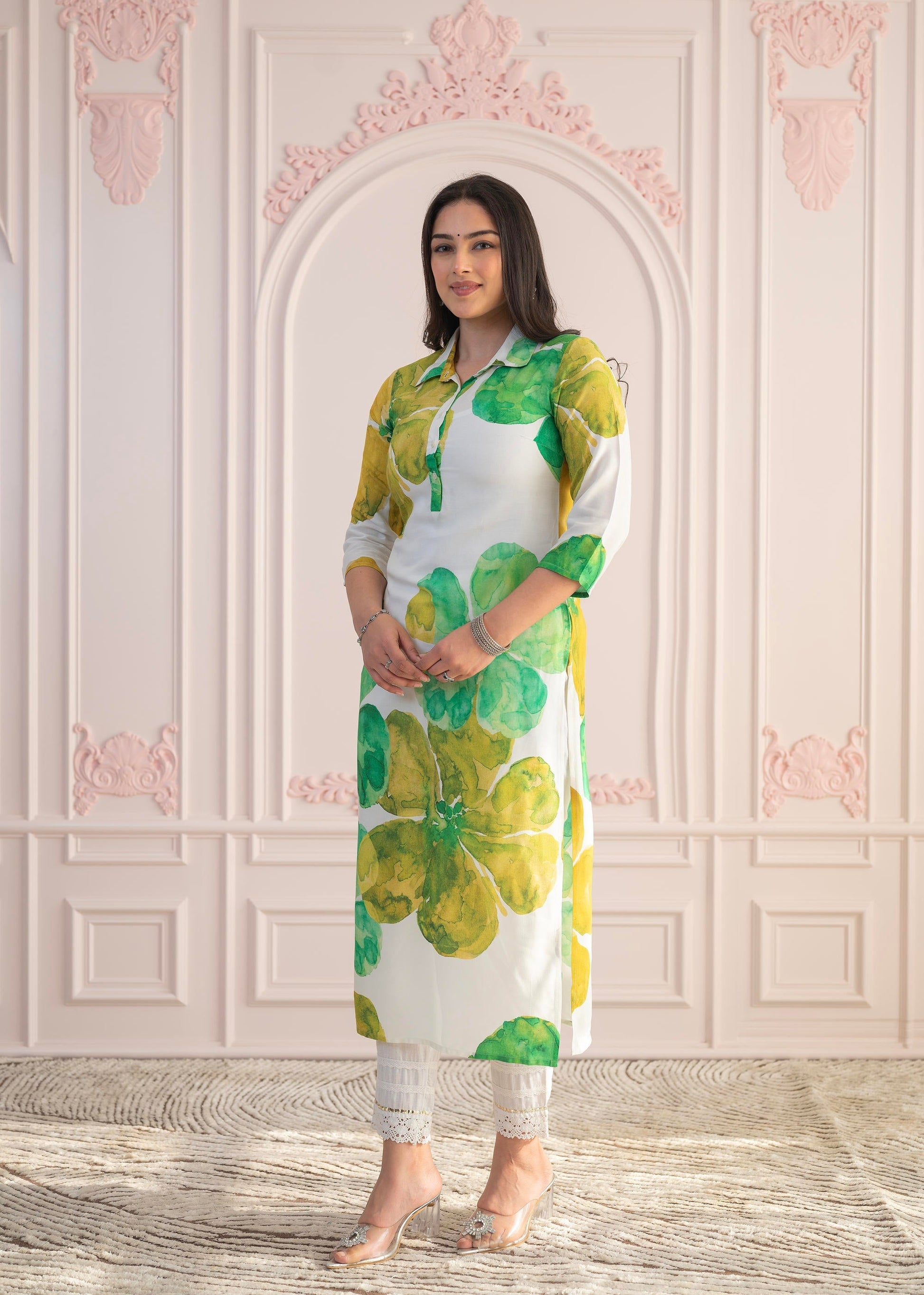 Juniper Green Floral Printed Viscose Kurta with Button Closure - Swadesiicart