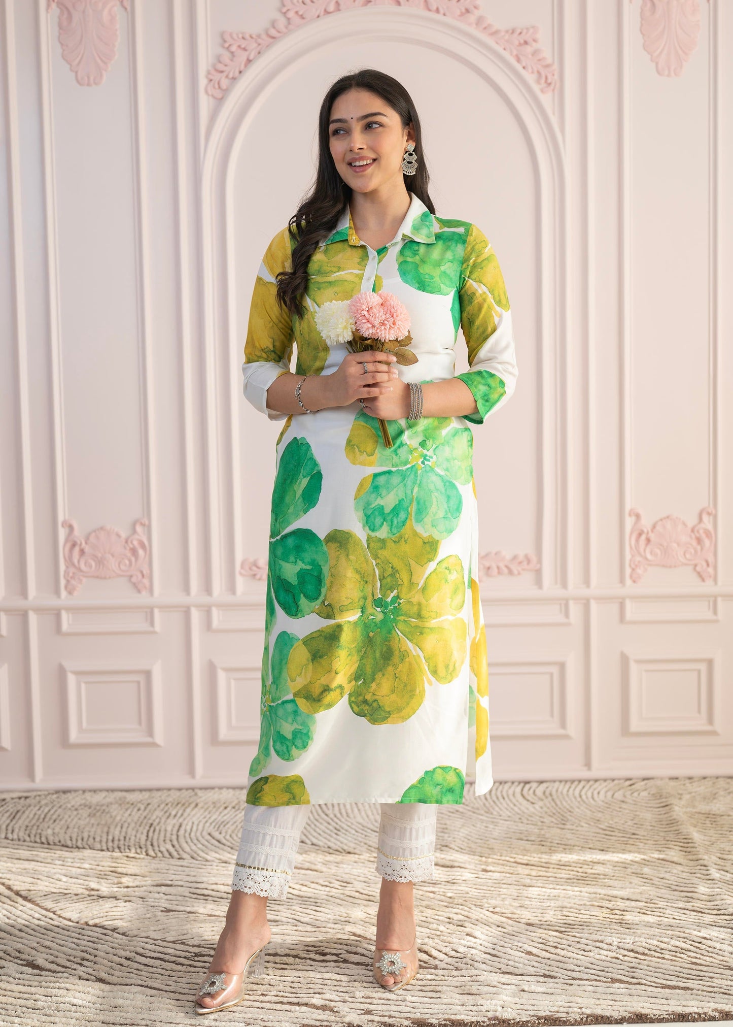 Juniper Green Floral Printed Viscose Kurta with Button Closure - Swadesiicart