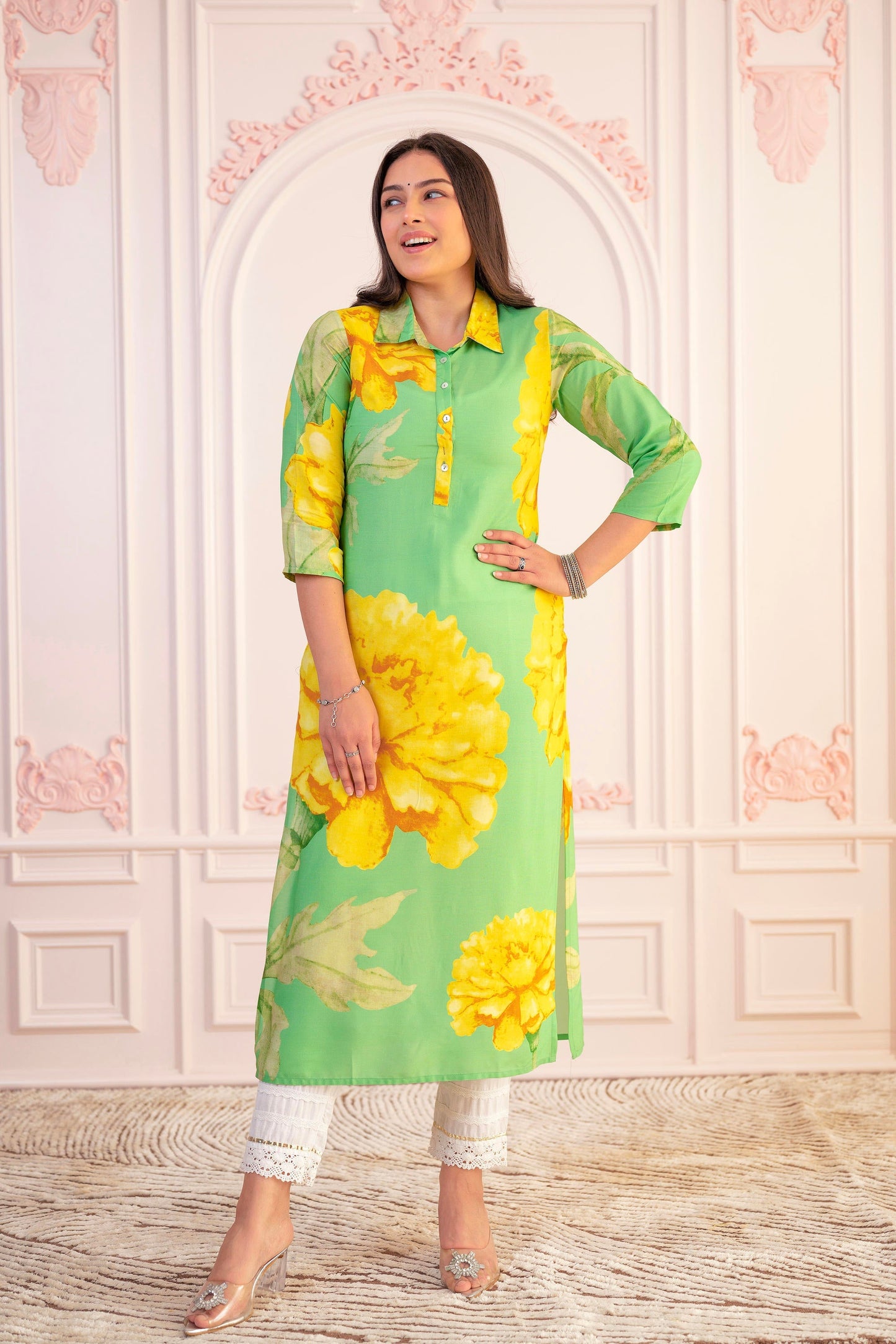 Juniper Green & Yellow Printed Viscose Kurta with Button Details - Swadesiicart