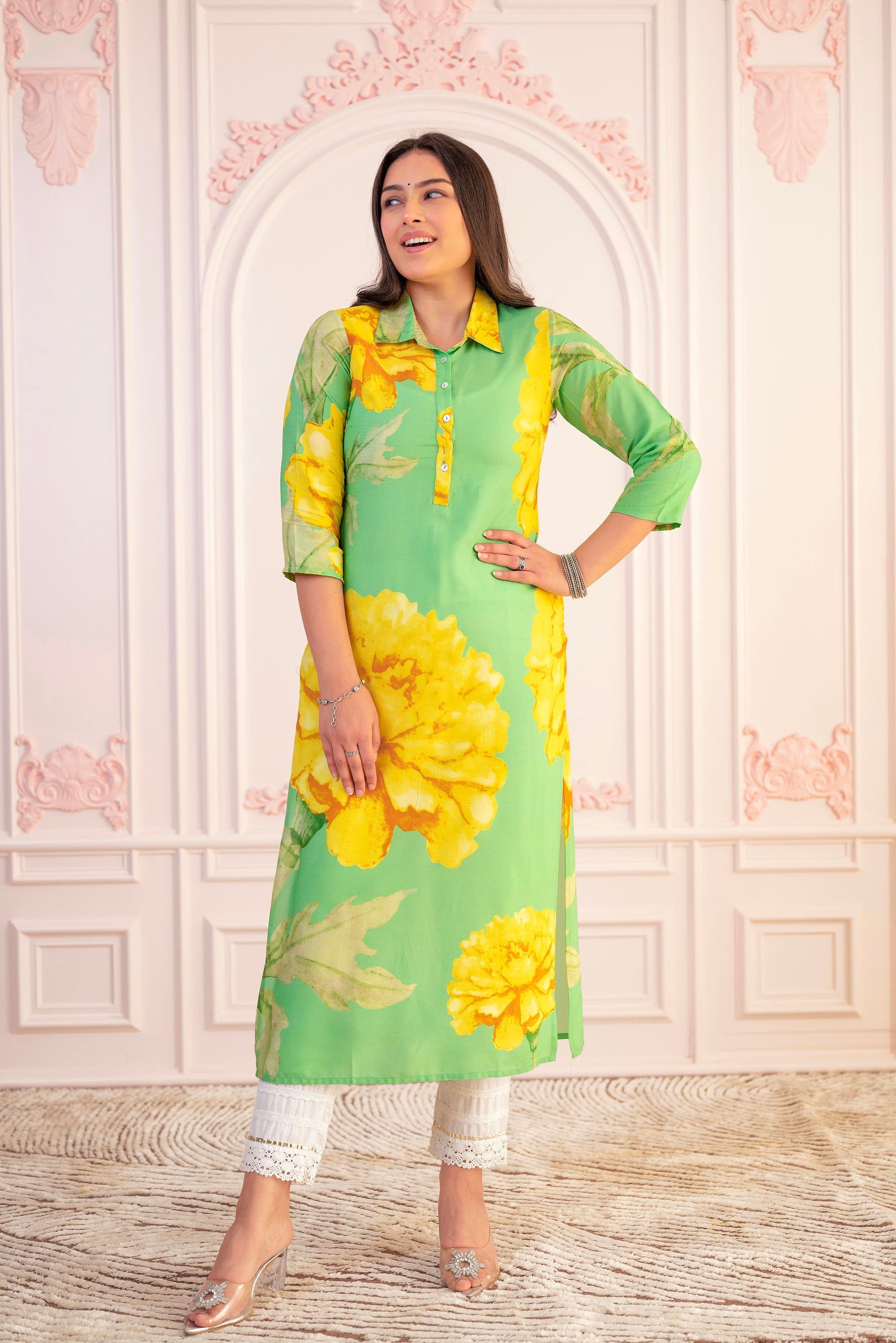 Juniper Green & Yellow Printed Viscose Kurta With Button Details - Swadesiicart