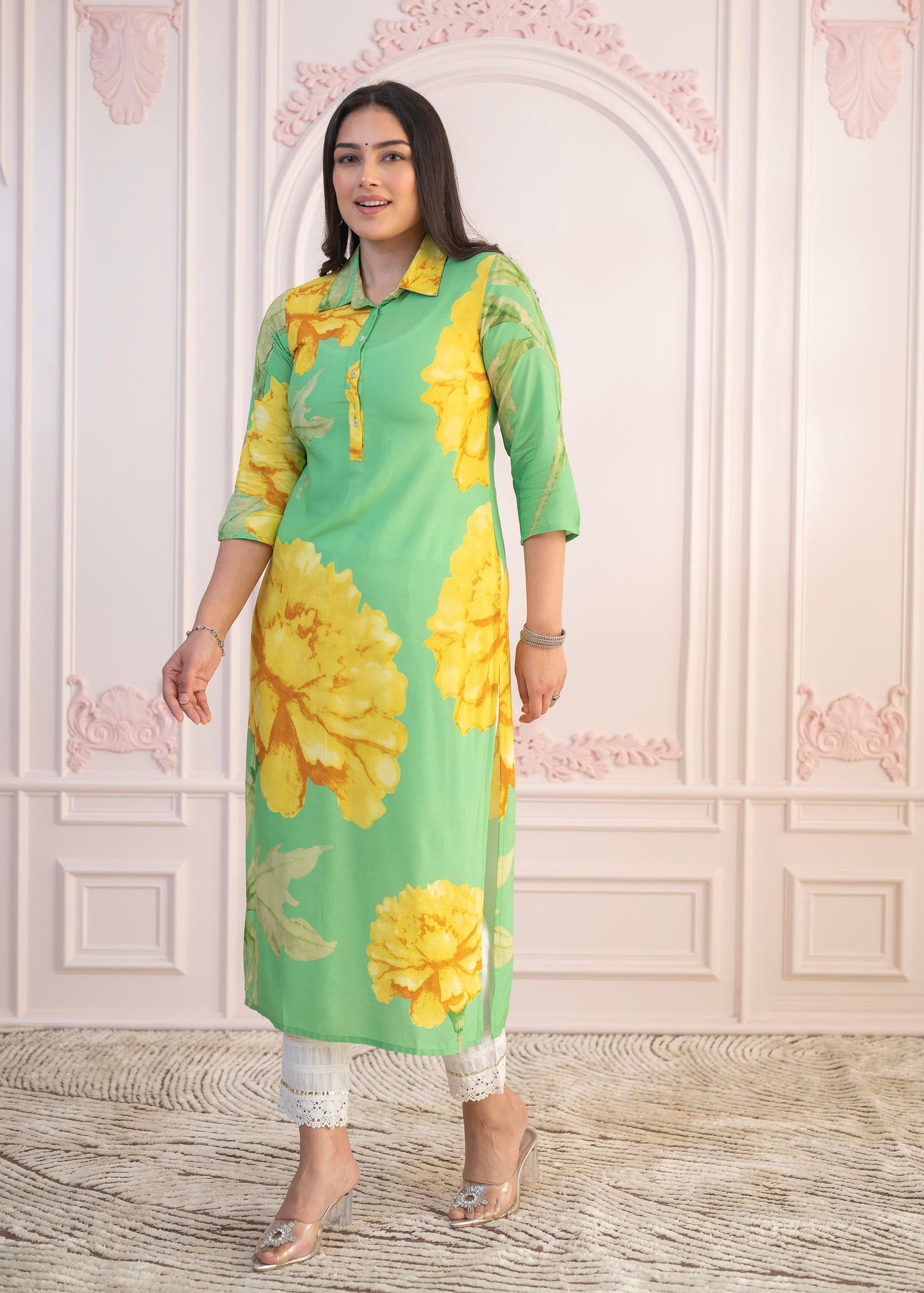 Juniper Green & Yellow Printed Viscose Kurta With Button Details - Swadesiicart