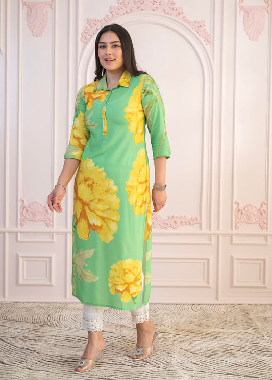 Juniper Green & Yellow Printed Viscose Kurta With Button Details - Swadesiicart