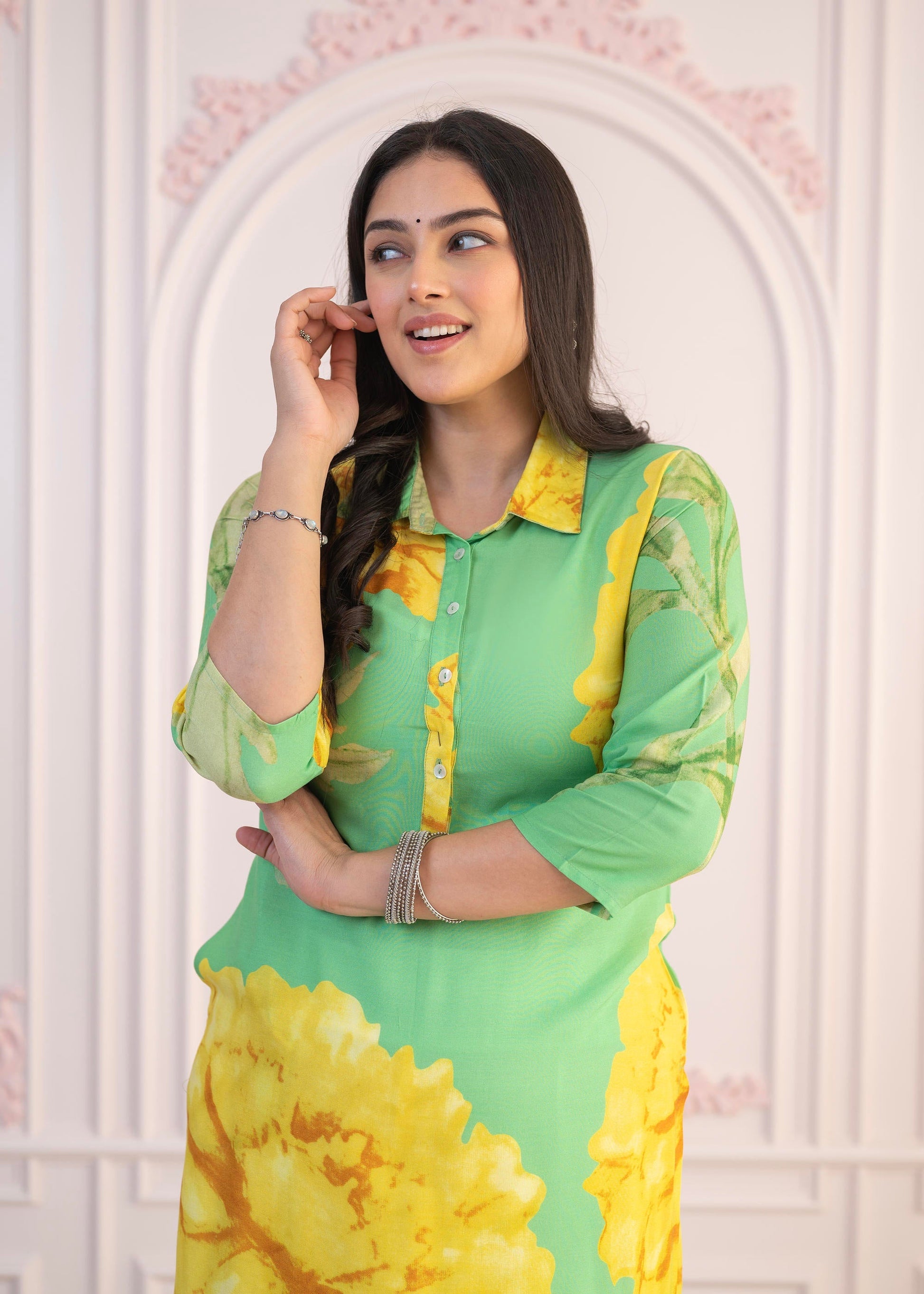Juniper Green & Yellow Printed Viscose Kurta with Button Details - Swadesiicart