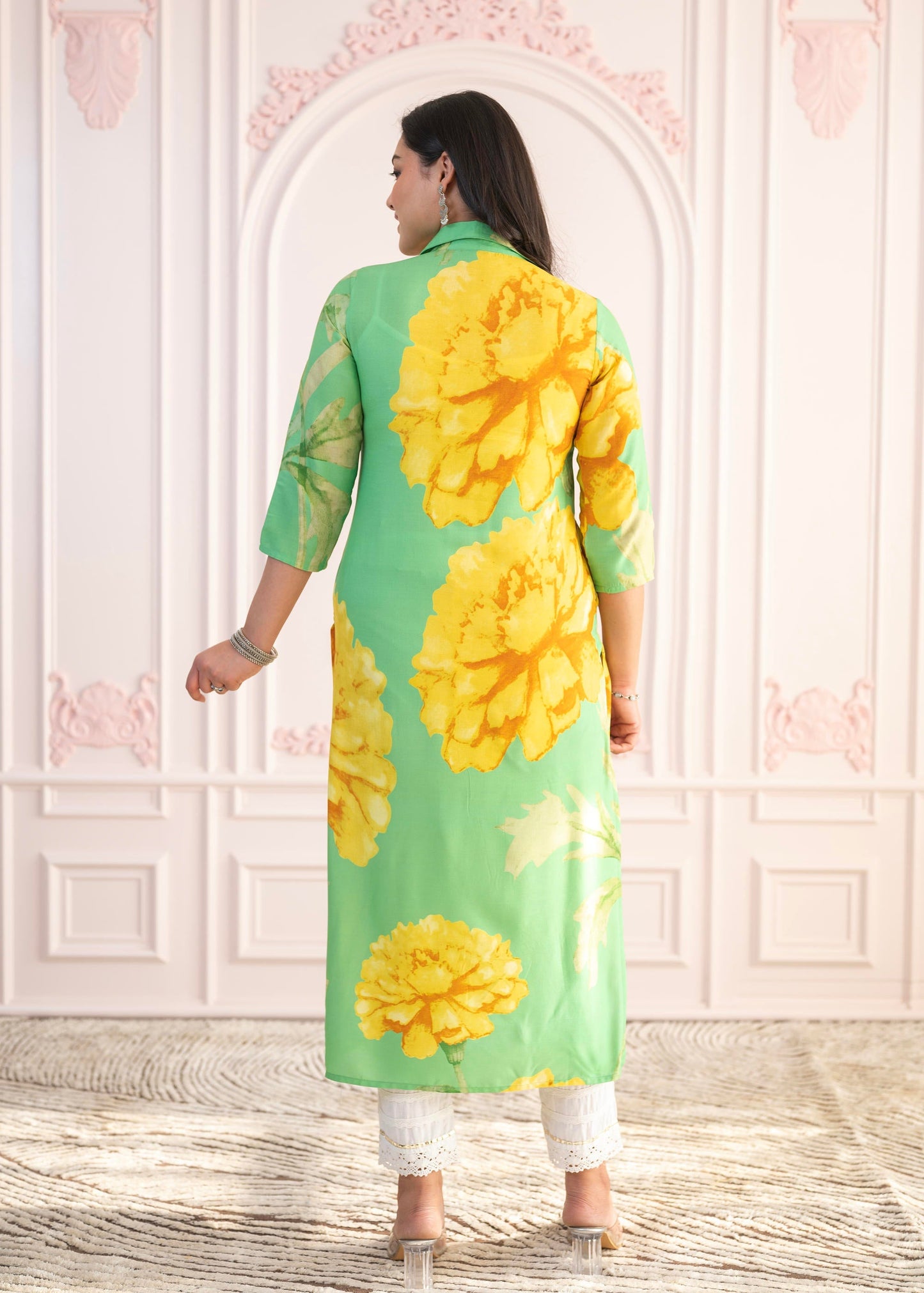 Juniper Green & Yellow Printed Viscose Kurta with Button Details - Swadesiicart