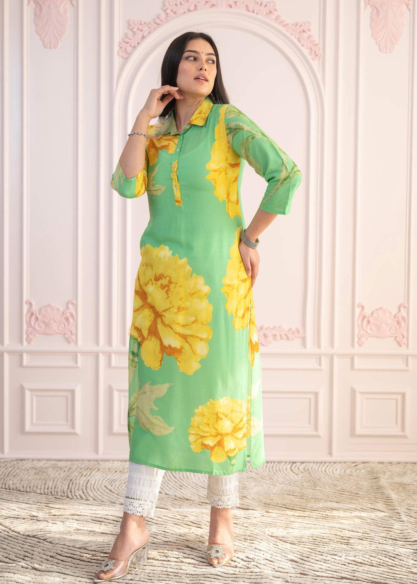 Juniper Green & Yellow Printed Viscose Kurta With Button Details - Swadesiicart