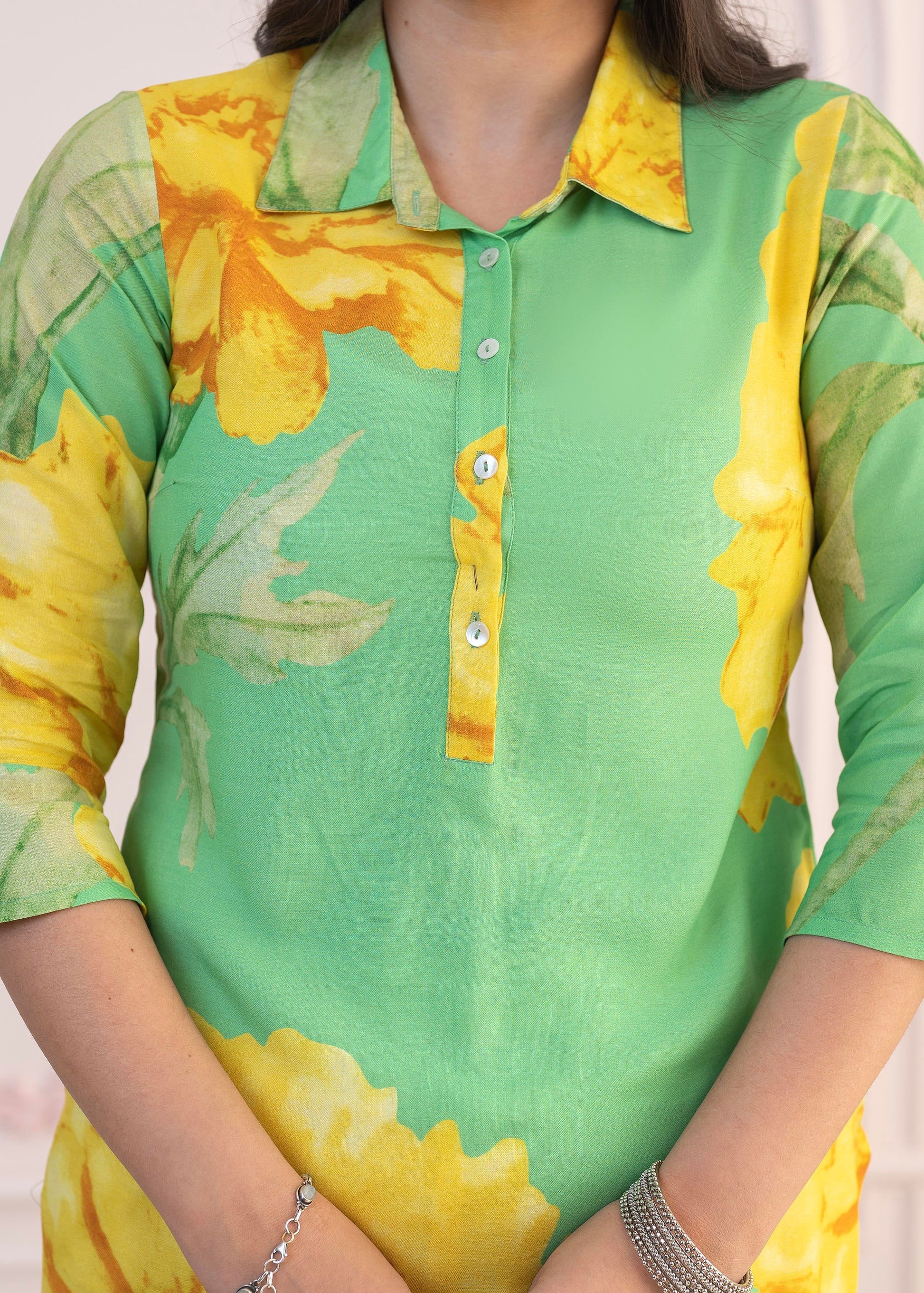 Juniper Green & Yellow Printed Viscose Kurta with Button Details - Swadesiicart