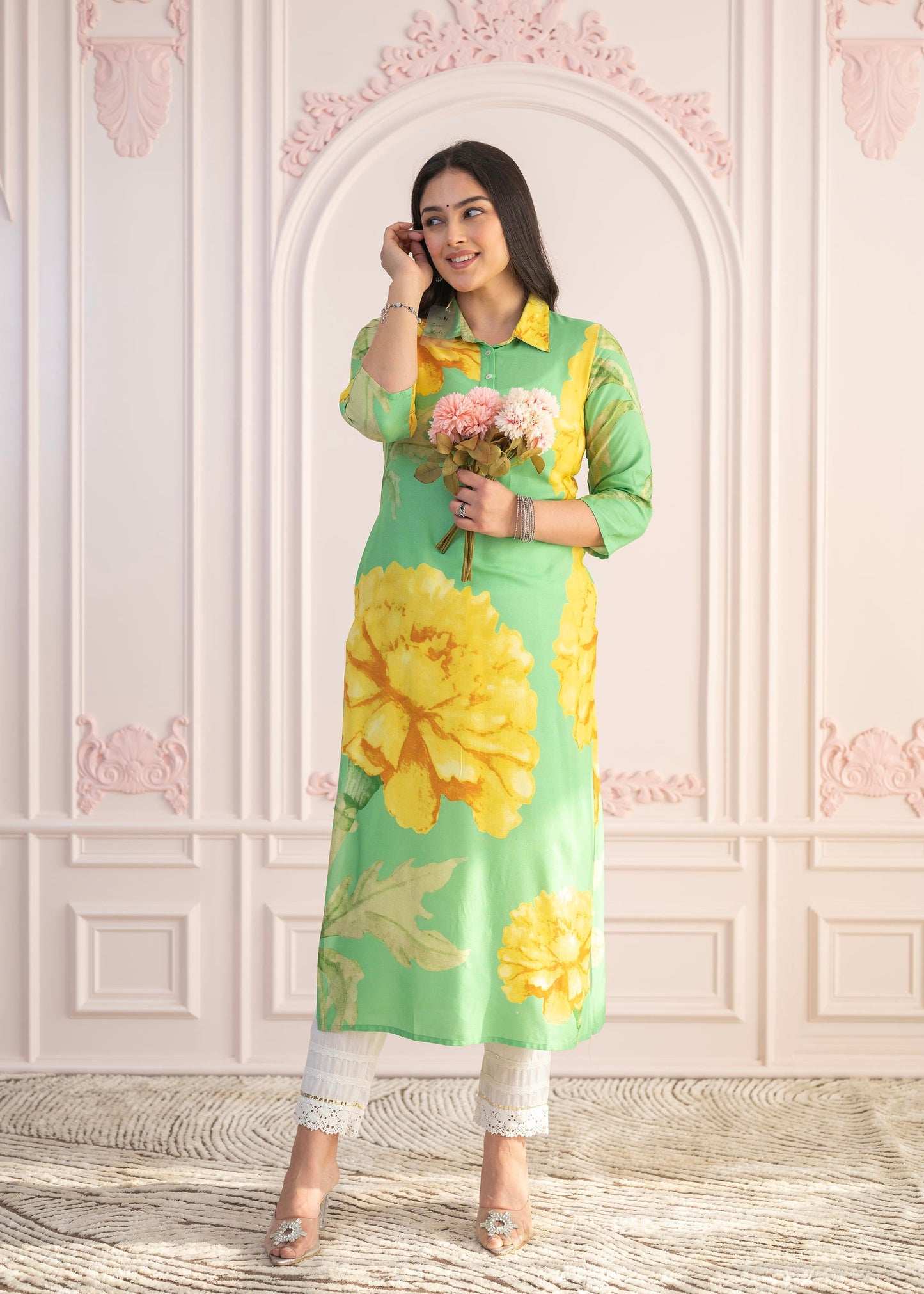 Juniper Green & Yellow Printed Viscose Kurta with Button Details - Swadesiicart