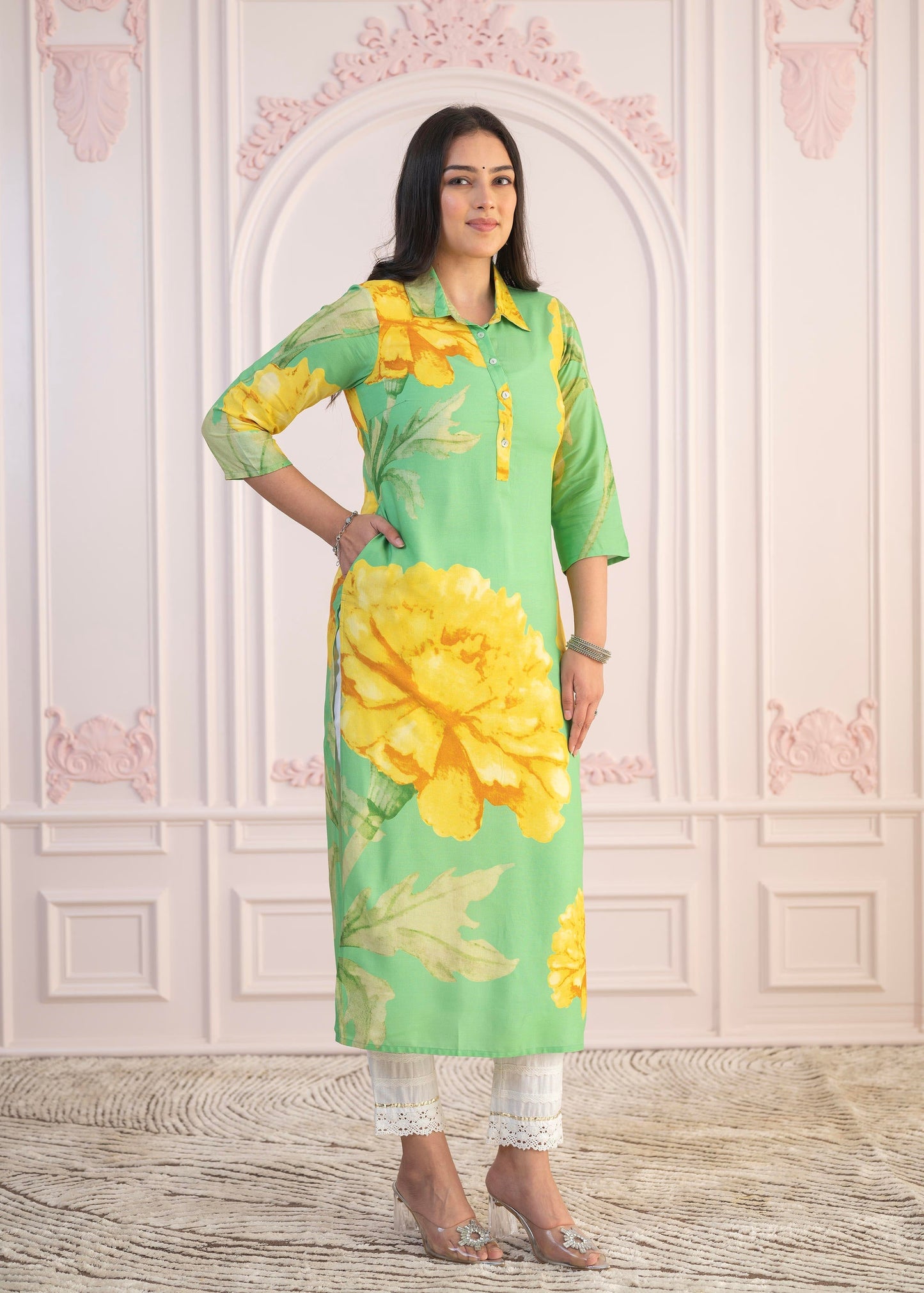 Juniper Green & Yellow Printed Viscose Kurta with Button Details - Swadesiicart