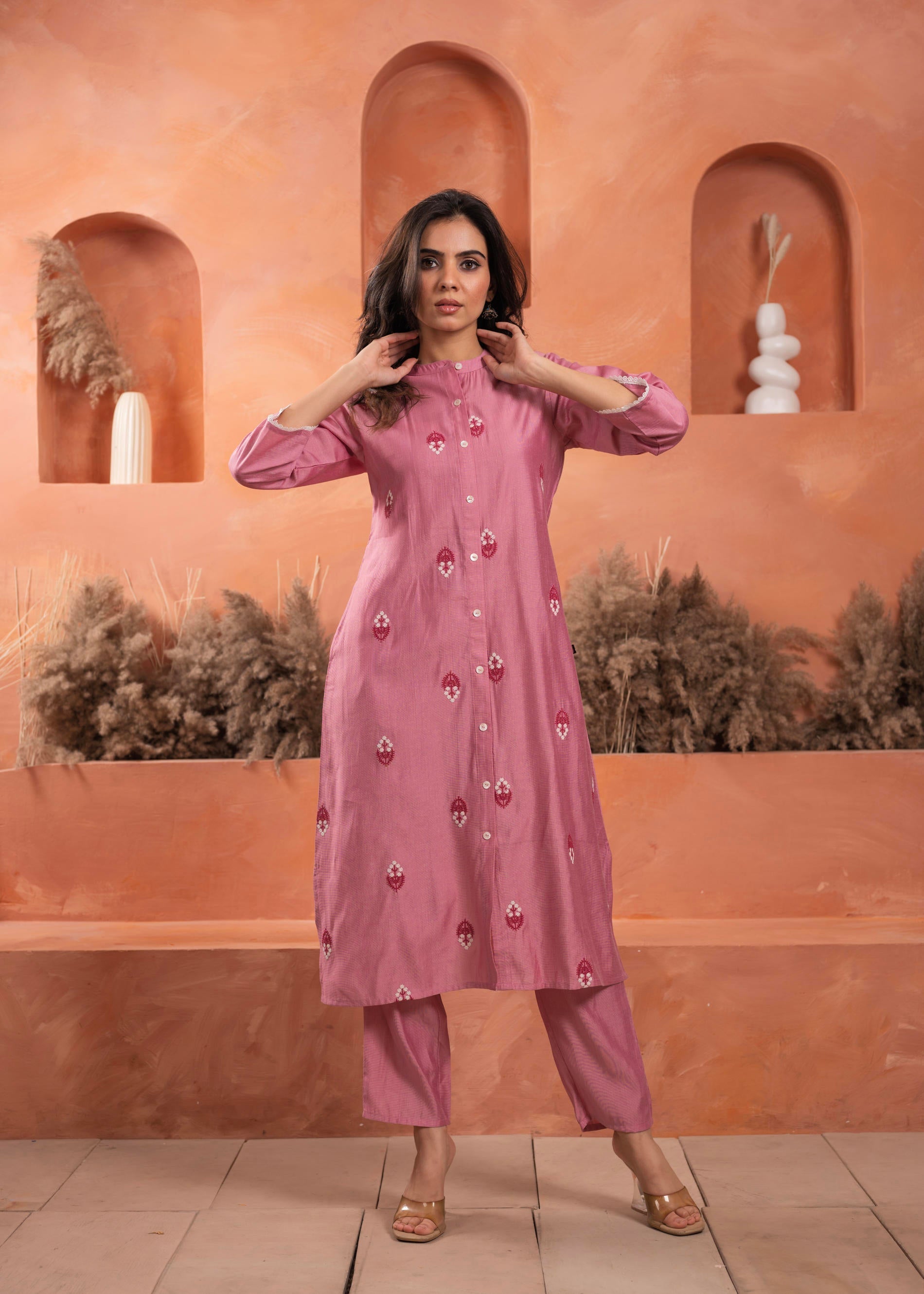 Juniper Pink Olive Embroidered Kurta And Solid Bottom With Cotton Lace - Swadesiicart
