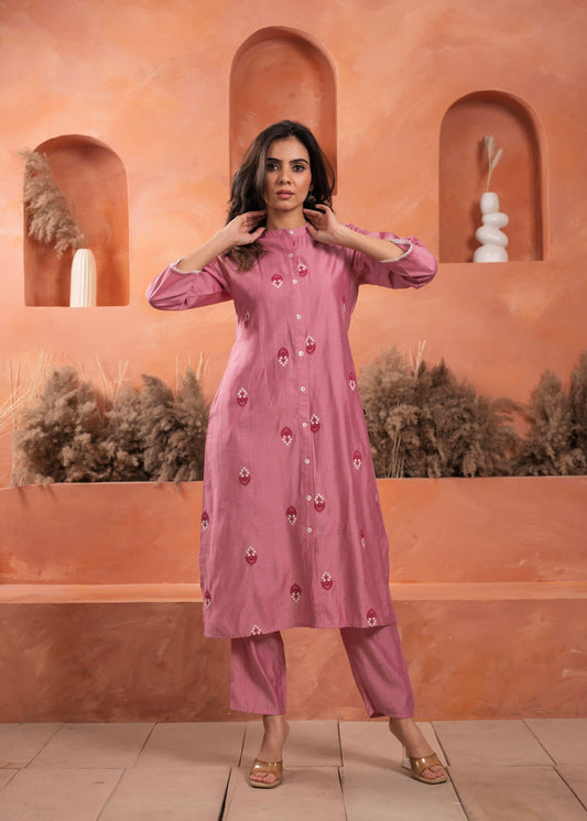 Juniper Pink Olive Embroidered Kurta And Solid Bottom With Cotton Lace - Swadesiicart