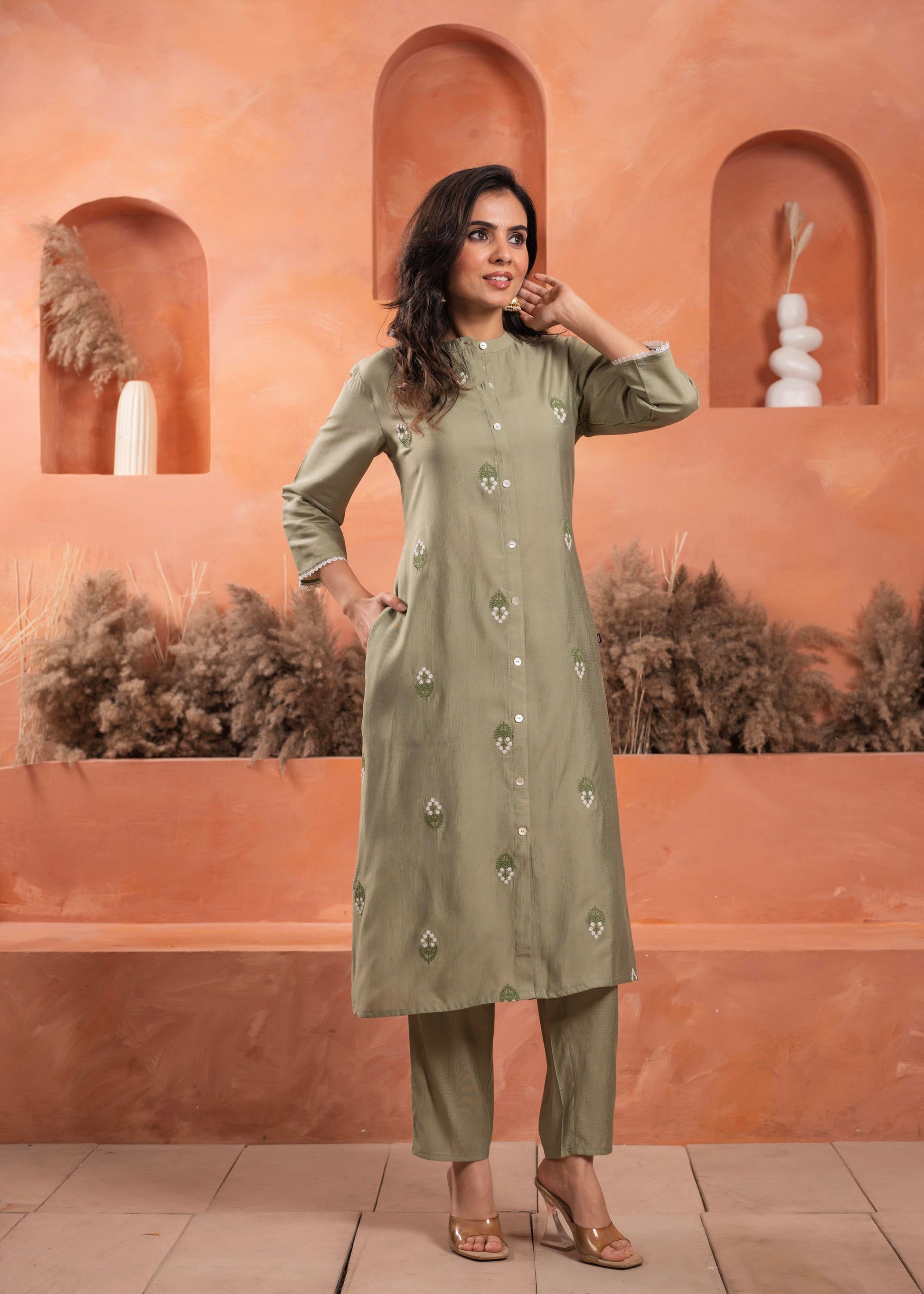 Juniper Olive embroiderd kurta and solid bottom with cotton lace and buttons - Swadesiicart