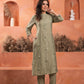 Juniper Olive Embroidered Kurta And Solid Bottom With Cotton Lace And Buttons - Swadesiicart